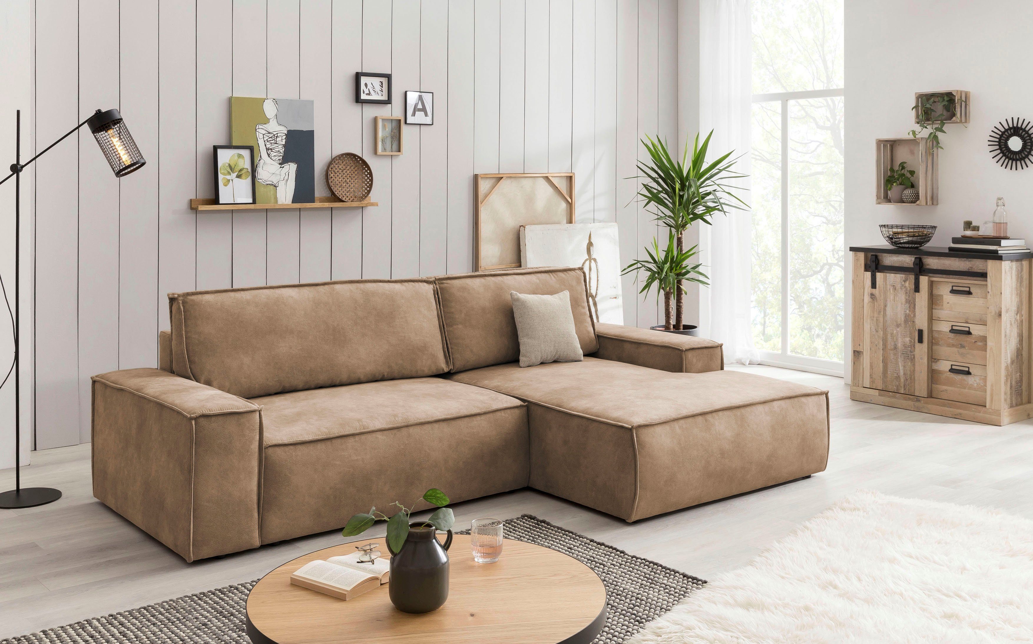 Home affaire Hoekbank SHERWOOD bedbank 267 cm, L-model, Slaapfunctie met bedlade (210x136 cm), cord, vintage, fluweel