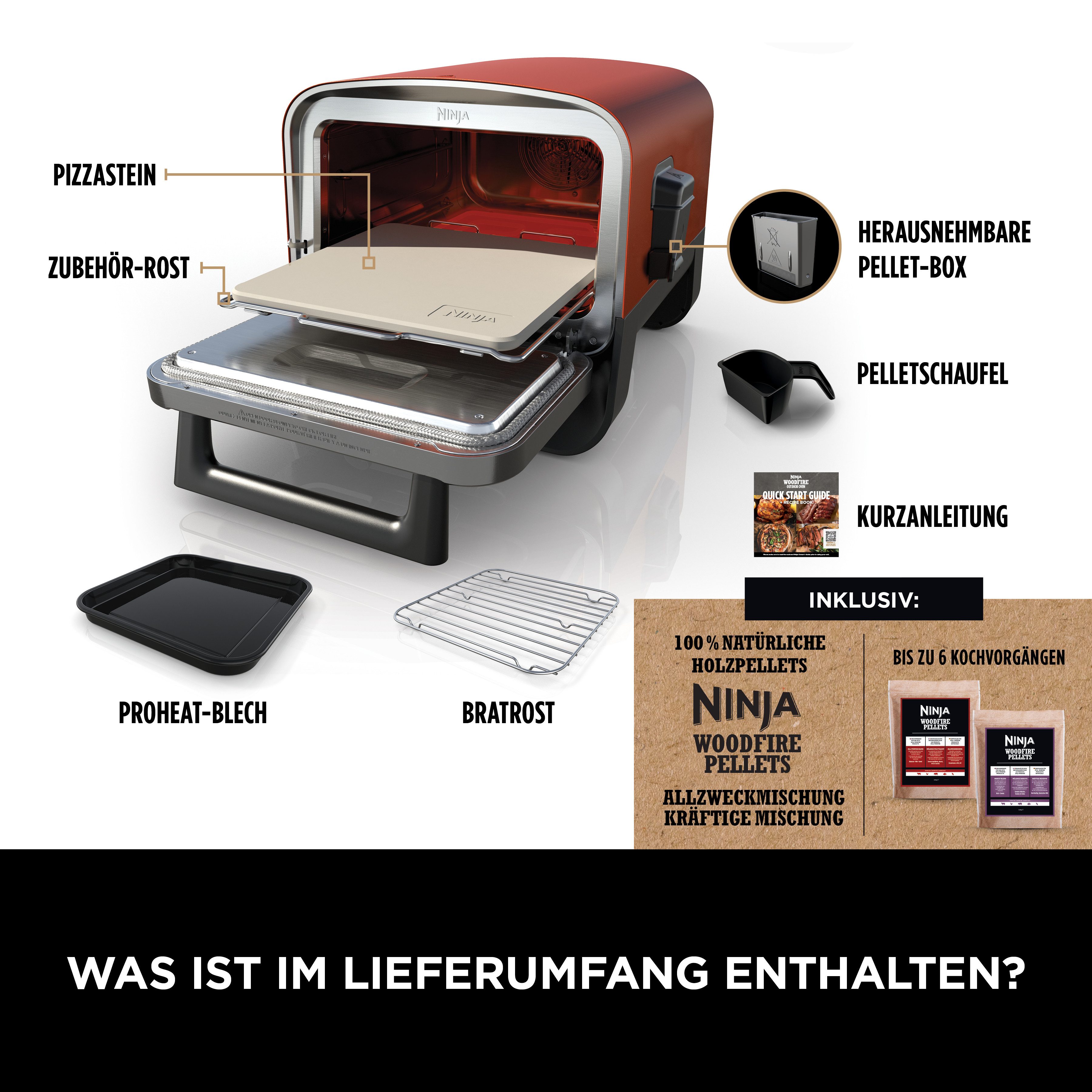 NINJA Multifunctionele oven OO101EU, Elektrische Outdoor pizzaoven en roker, 8-in-1: Pizza Bakken, Max Roast, grillen, bakken/roosteren, roken, drogen & warmhouden