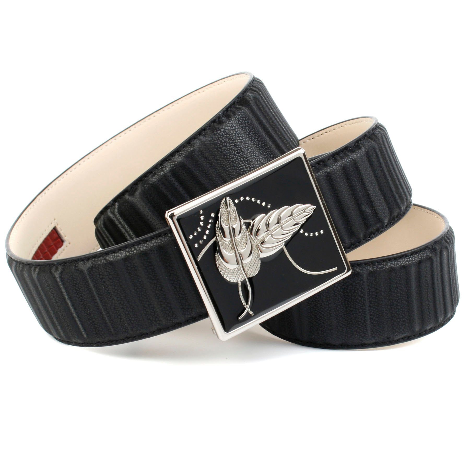 Anthoni Crown Leren Riem met automatische gesp met gebloemd design dames brede riemen maat 110 zwart