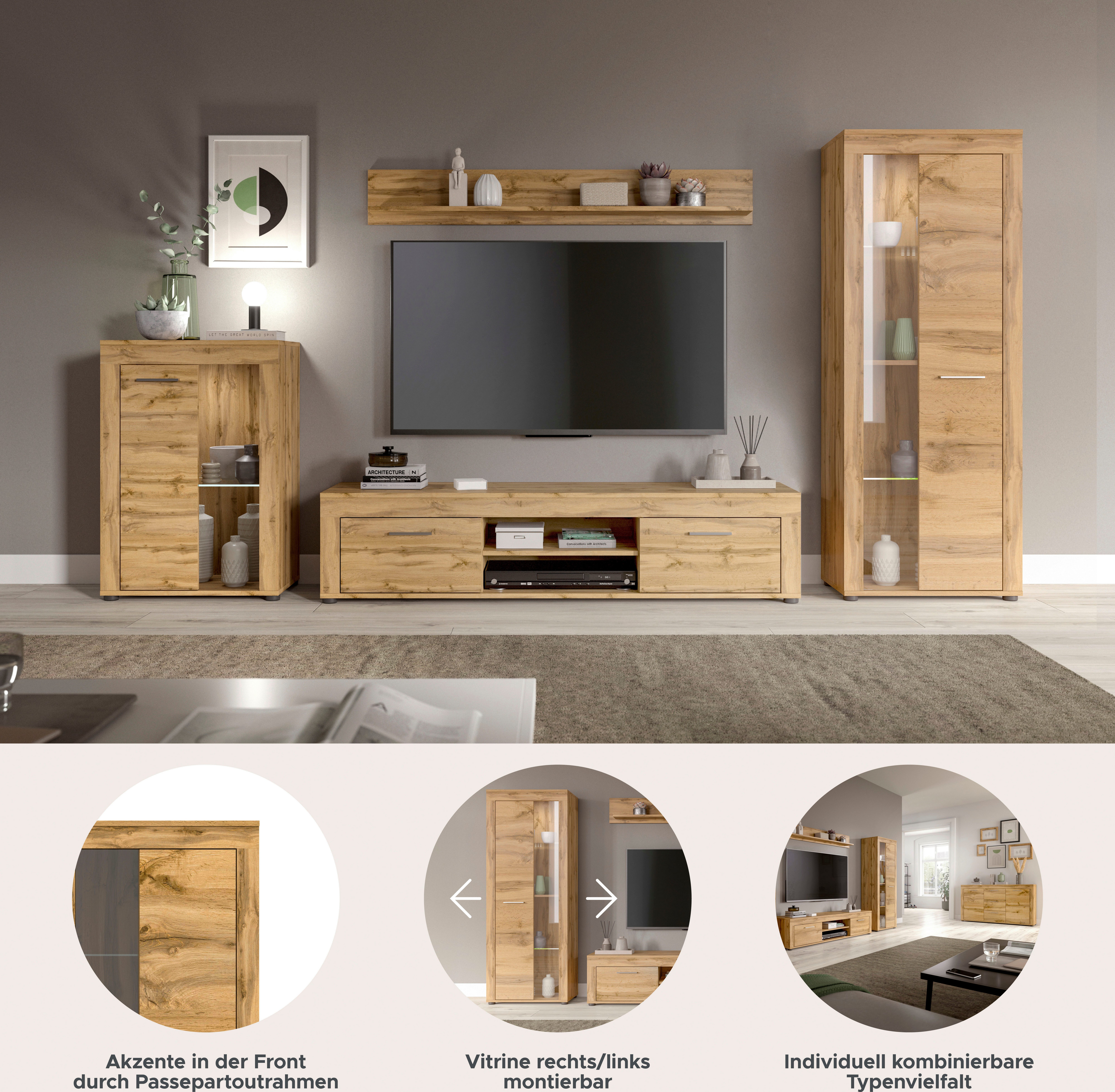 INOSIGN Wandmeubel Aosta, 4-delig, bestaande uit: vitrinekast, lowboard, wandplank & hoge vitrinekast (4 stuks)