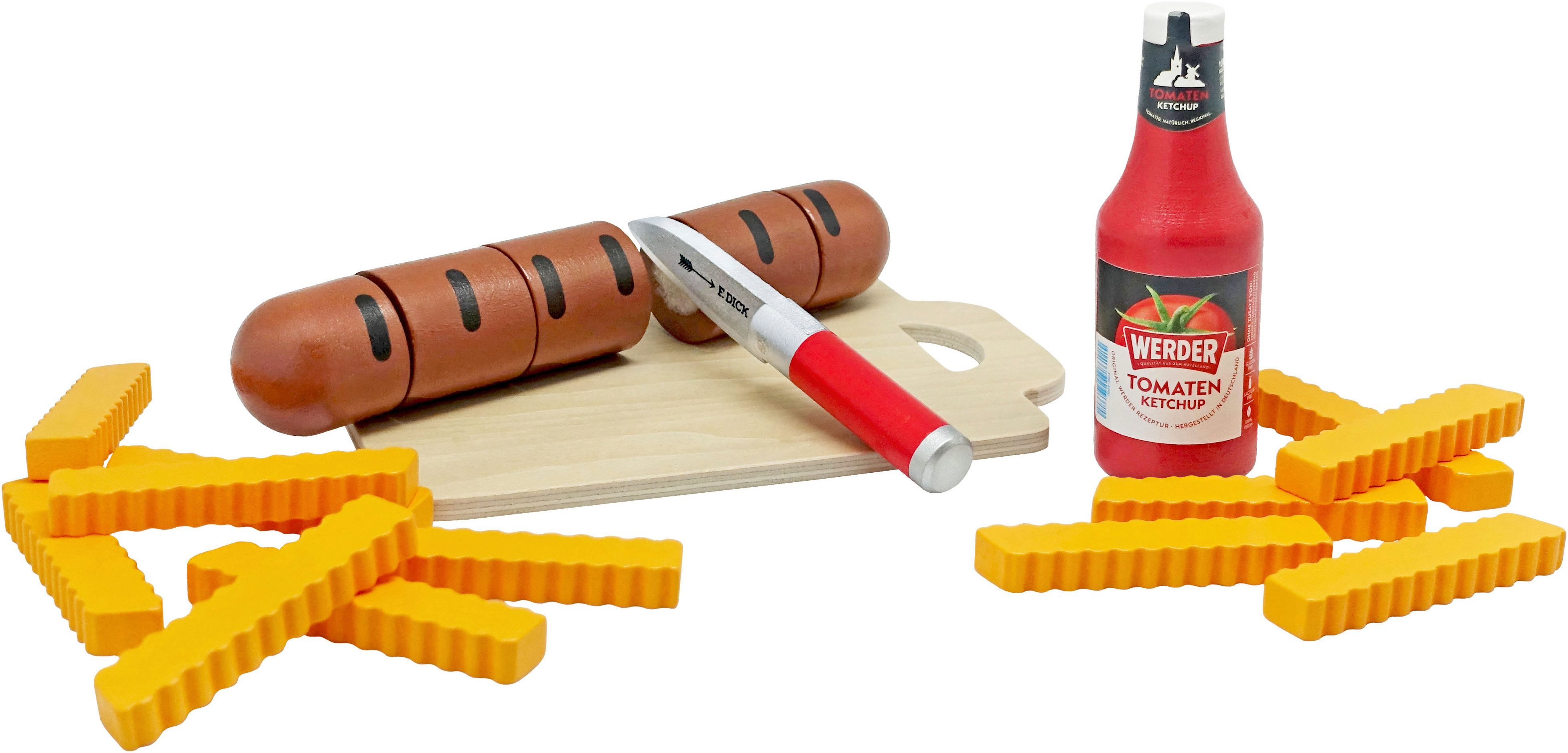 Tanner Speelgoed-levensmiddelen Bratwurst zum Schneiden mit Pommes und Werder Ketchup