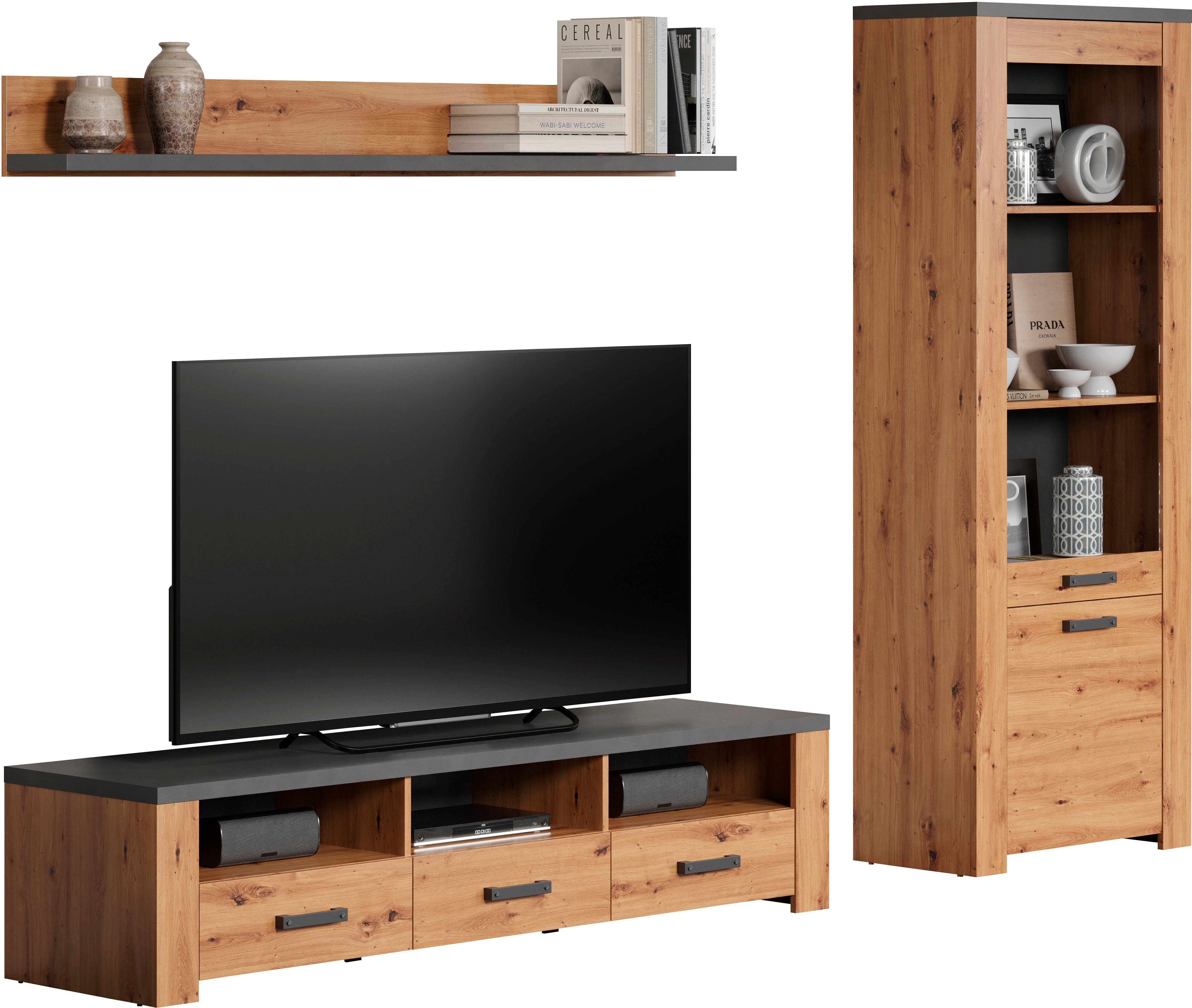 Home affaire Tv-wandmeubel Ambres Kleine, moderne tv-set, look van echt hout, breedte ca. 268 cm, mat (3-delig)