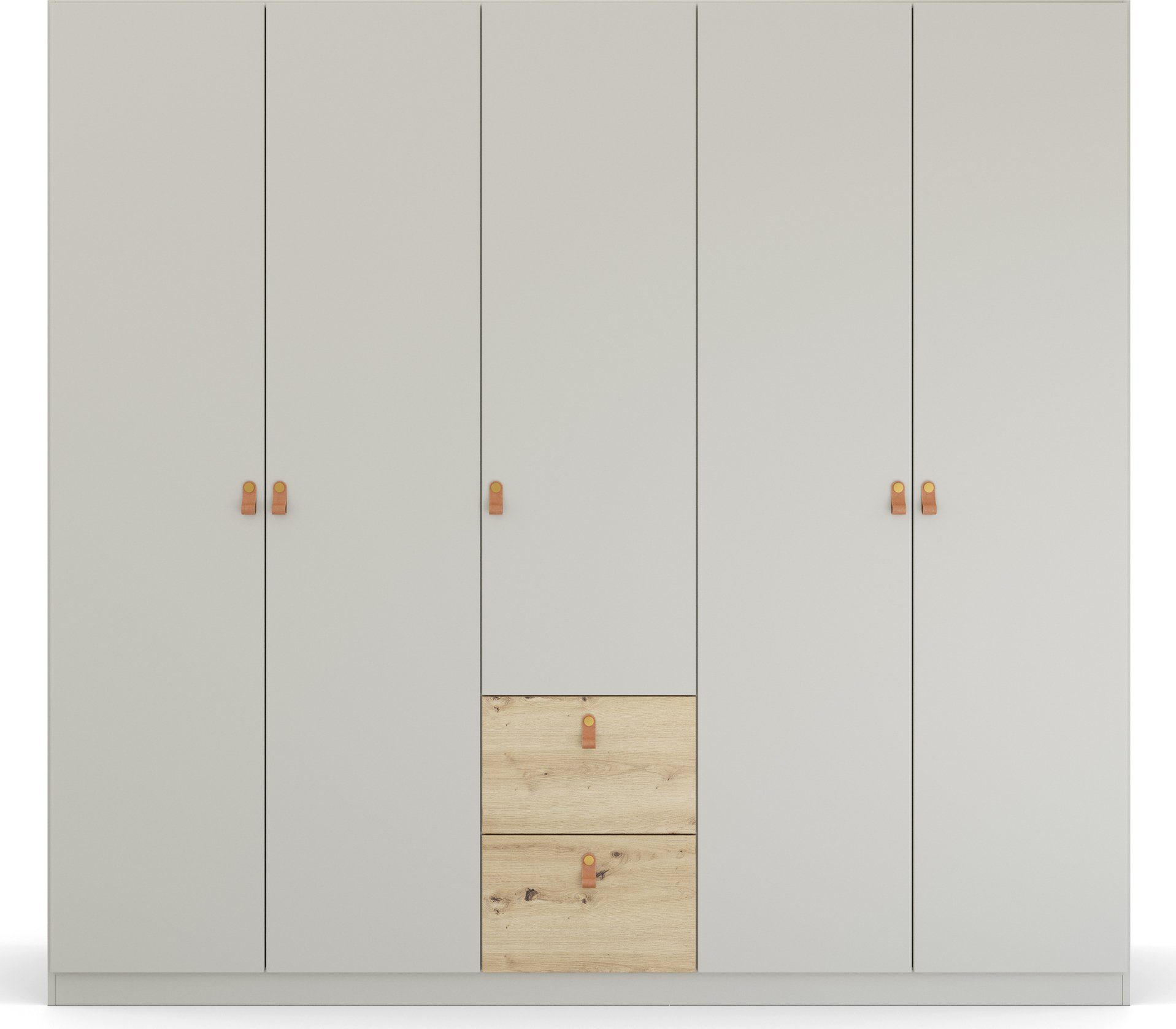 rauch Draaideurkast Homey by Quadra Spin met cognacbruine leren greeplussen, laden in eiken-decor