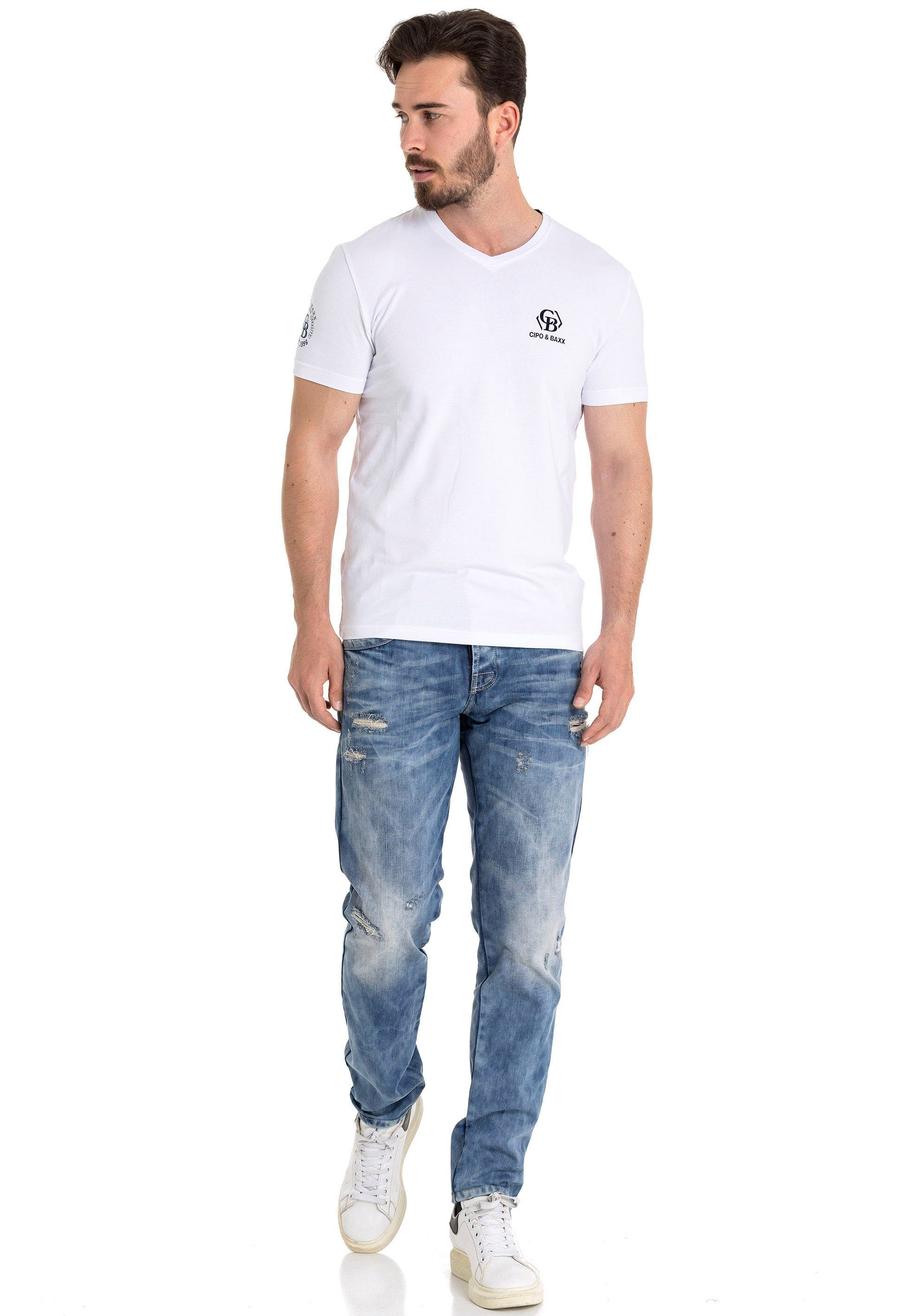 Cipo & Baxx Shirt met V-hals met merklabel in fluweel-look