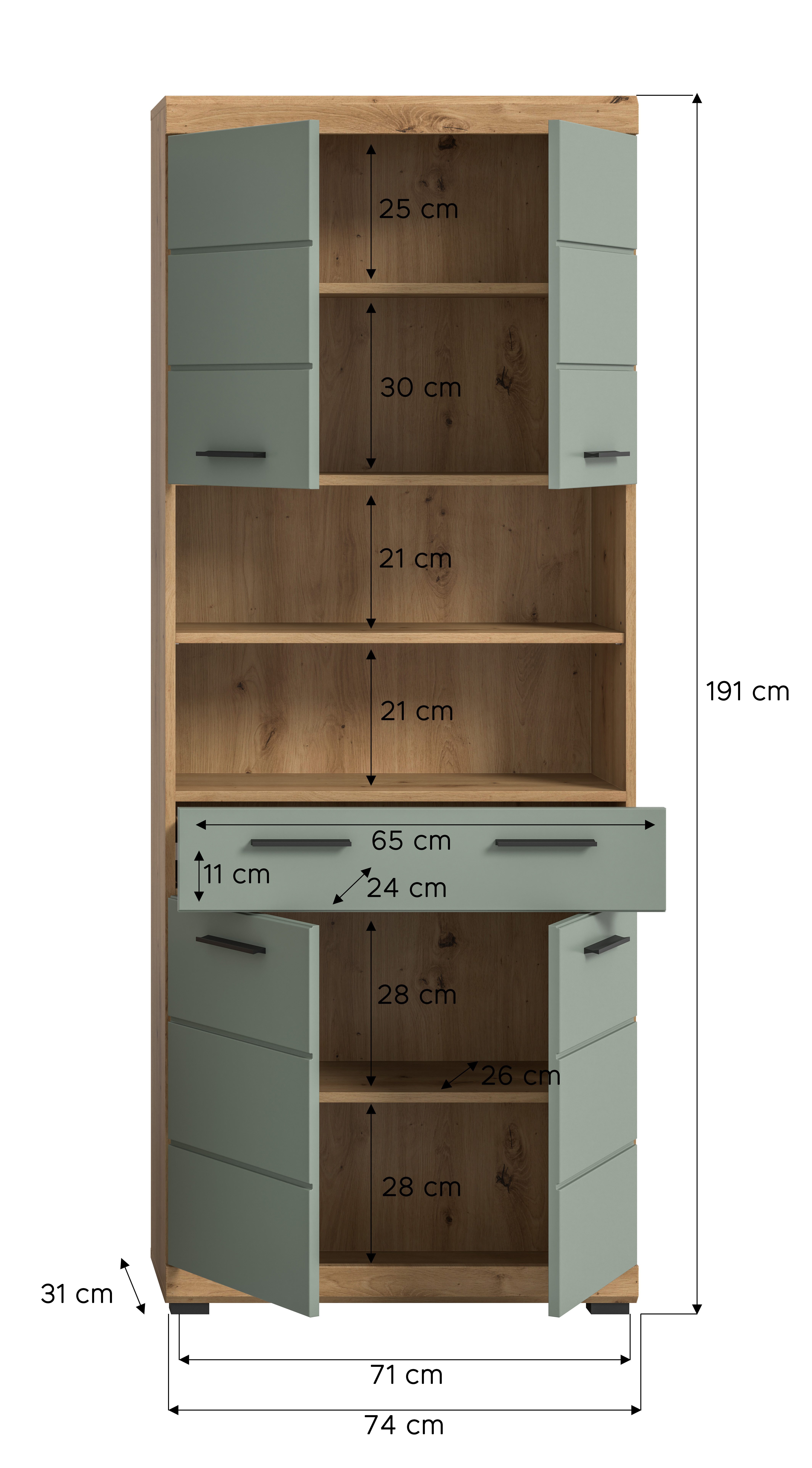 INOSIGN Hoge kast Siena, breedte 74 cm, 4 deuren, 1 lade, 2 open vakken, MDF-front in verschillende kleuren verkrijgbaar, badkamermeubels, badkamerkast, kast, badkamer