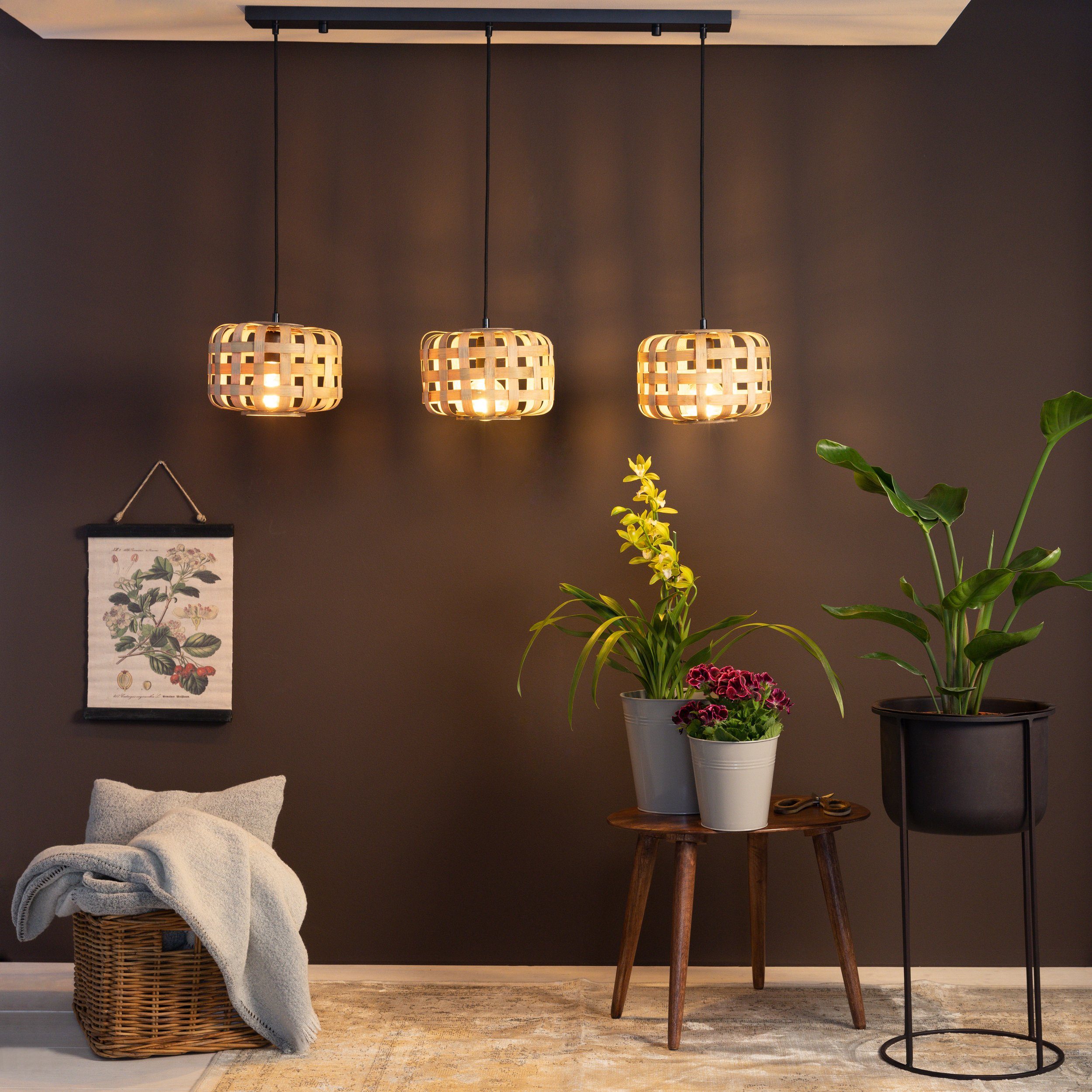 Brilliant Leuchten Hanglamp Woodline 146 x 25 x 104 cm, 3 x e27, kappen van bamboe, natuur/zwart (1 stuk)