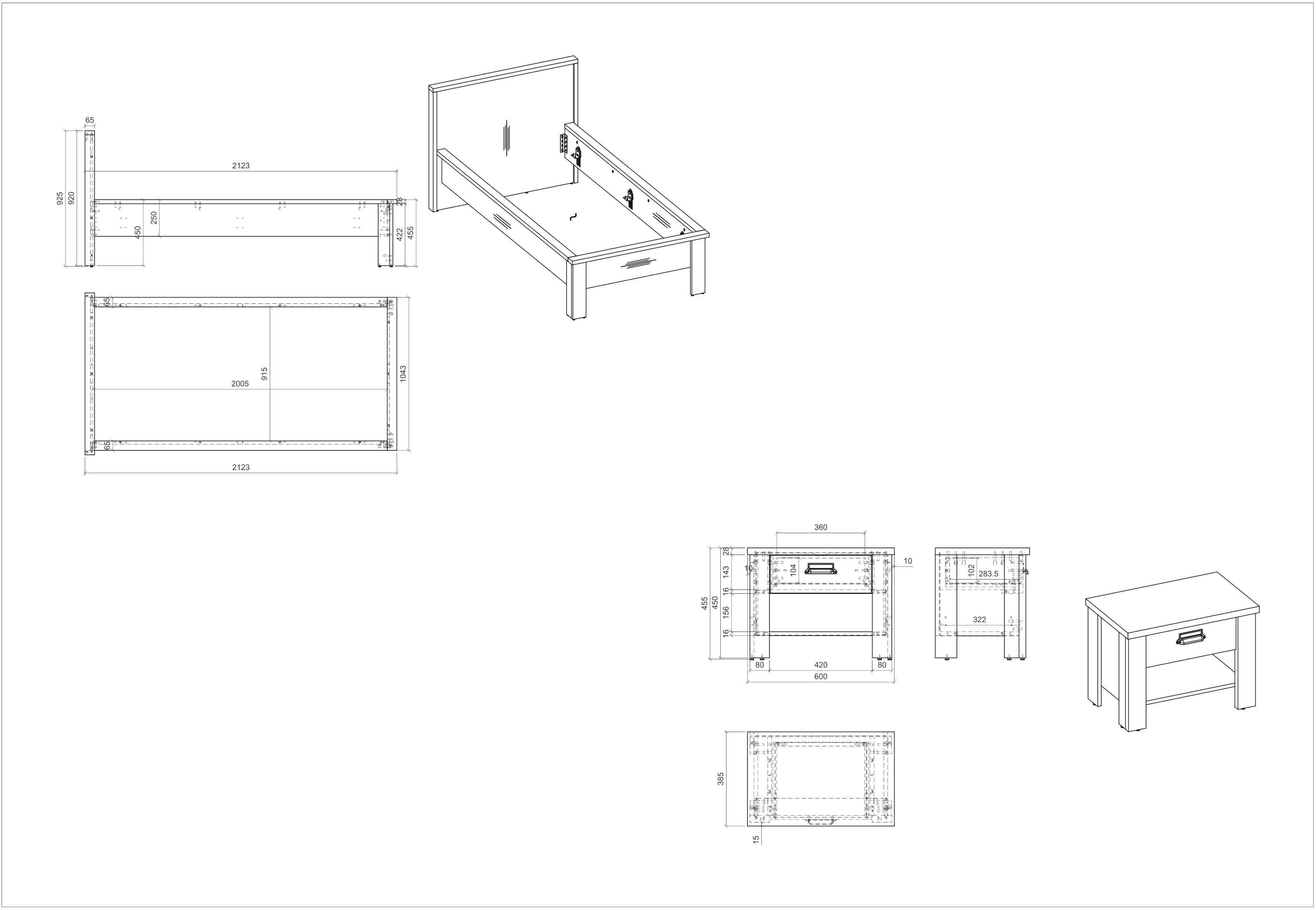 Home affaire Ledikant Sherwood Ligoppervlak 90 x 200 cm, nachtkastje met 1 lade (2-delig)