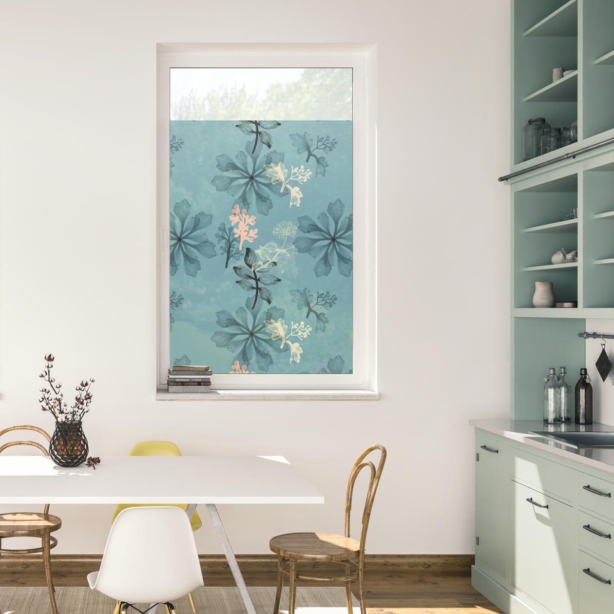 LICHTBLICK Raamfolie zelfklevend, bescherming tegen inkijk, aqua in bloemmotief - blauw (1 stuk) raamdecoratie maat 50 cm x 50 cm blauw