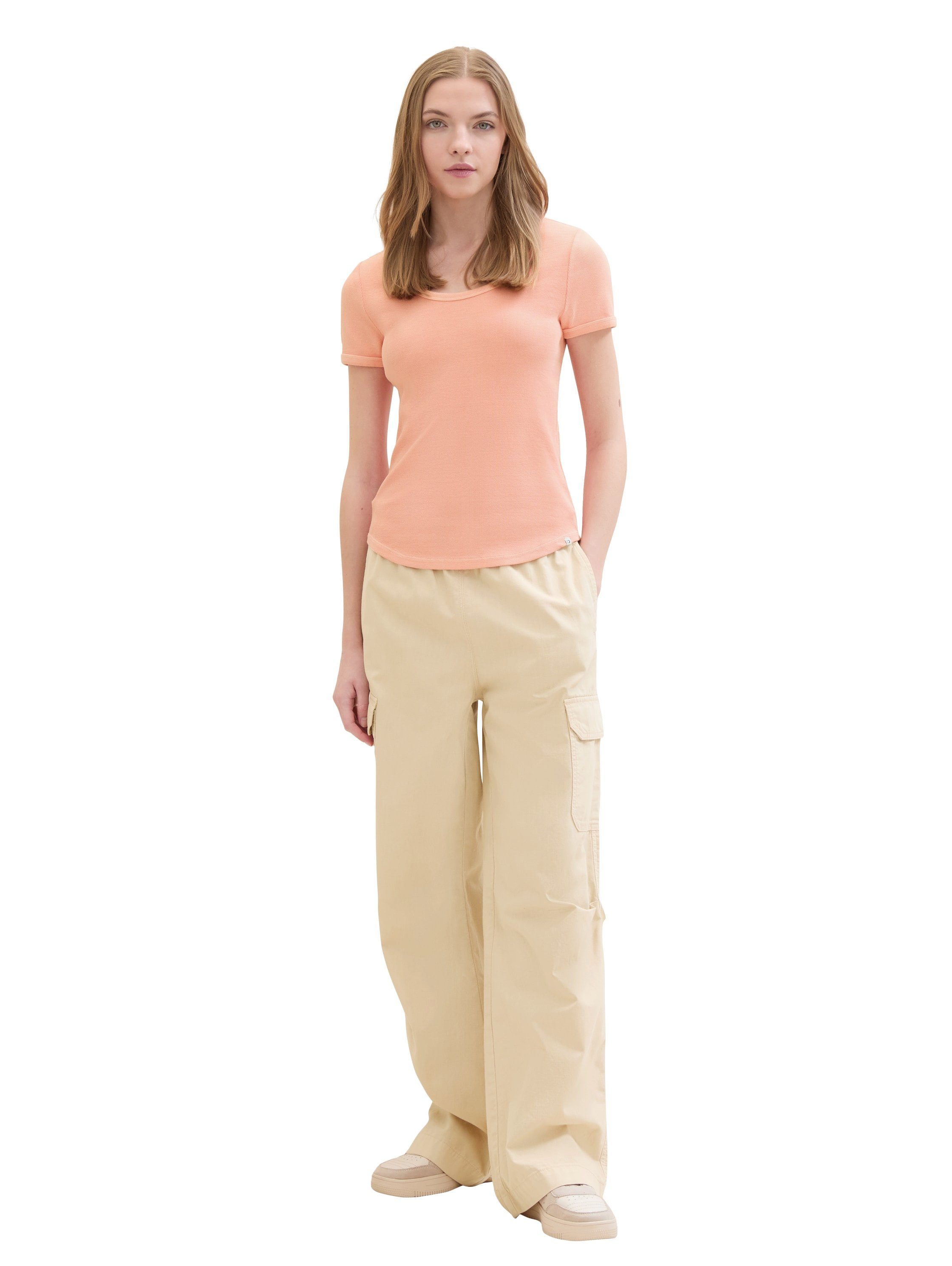 Tom Tailor Denim T-shirt met rib-look en diepe ronde halslijn
