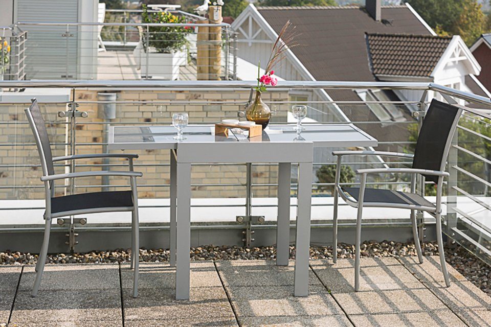 MERXX Balkonset Milano 3-delig, 2 stapelstoelen, tafel 65(130) x 65 cm, aluminium/textiel tuinsets zilver(kleur)