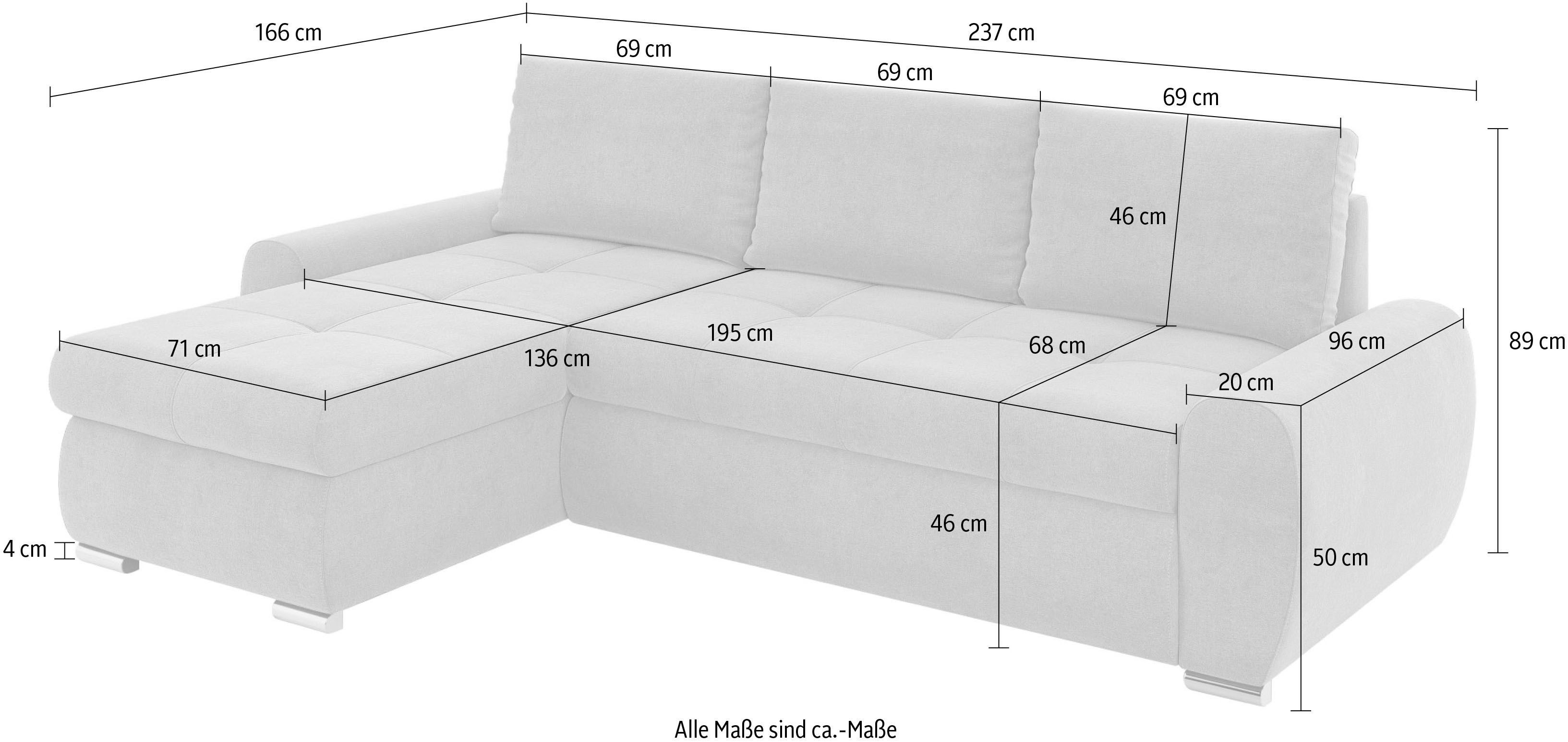 INOSIGN Hoekbank HAVERHILL slaapbank met bedlade, afmetingen B/H/D: 237/89/166 cm