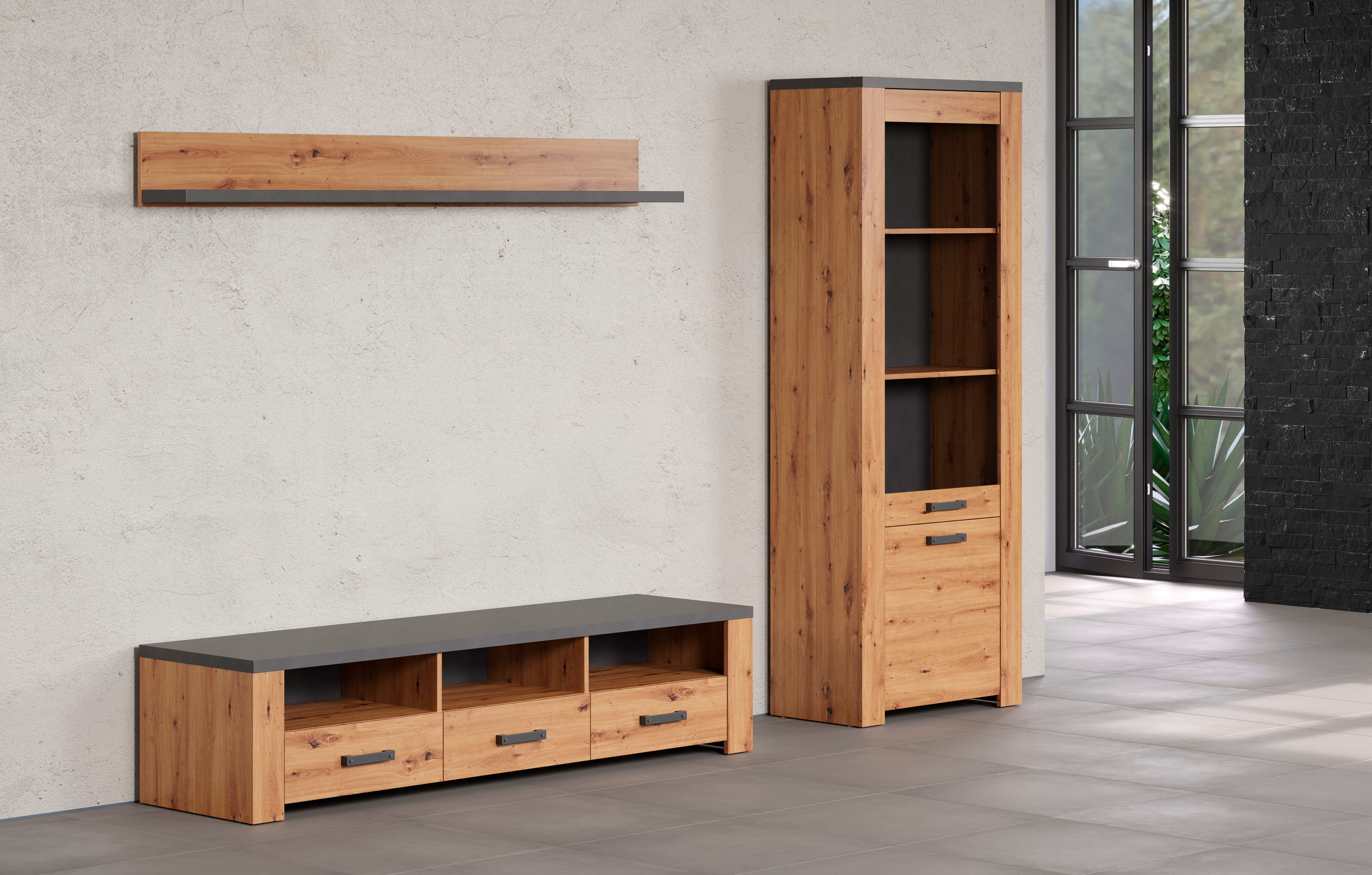Home affaire Tv-wandmeubel Ambres Kleine, moderne tv-set, look van echt hout, breedte ca. 268 cm, mat (3-delig)