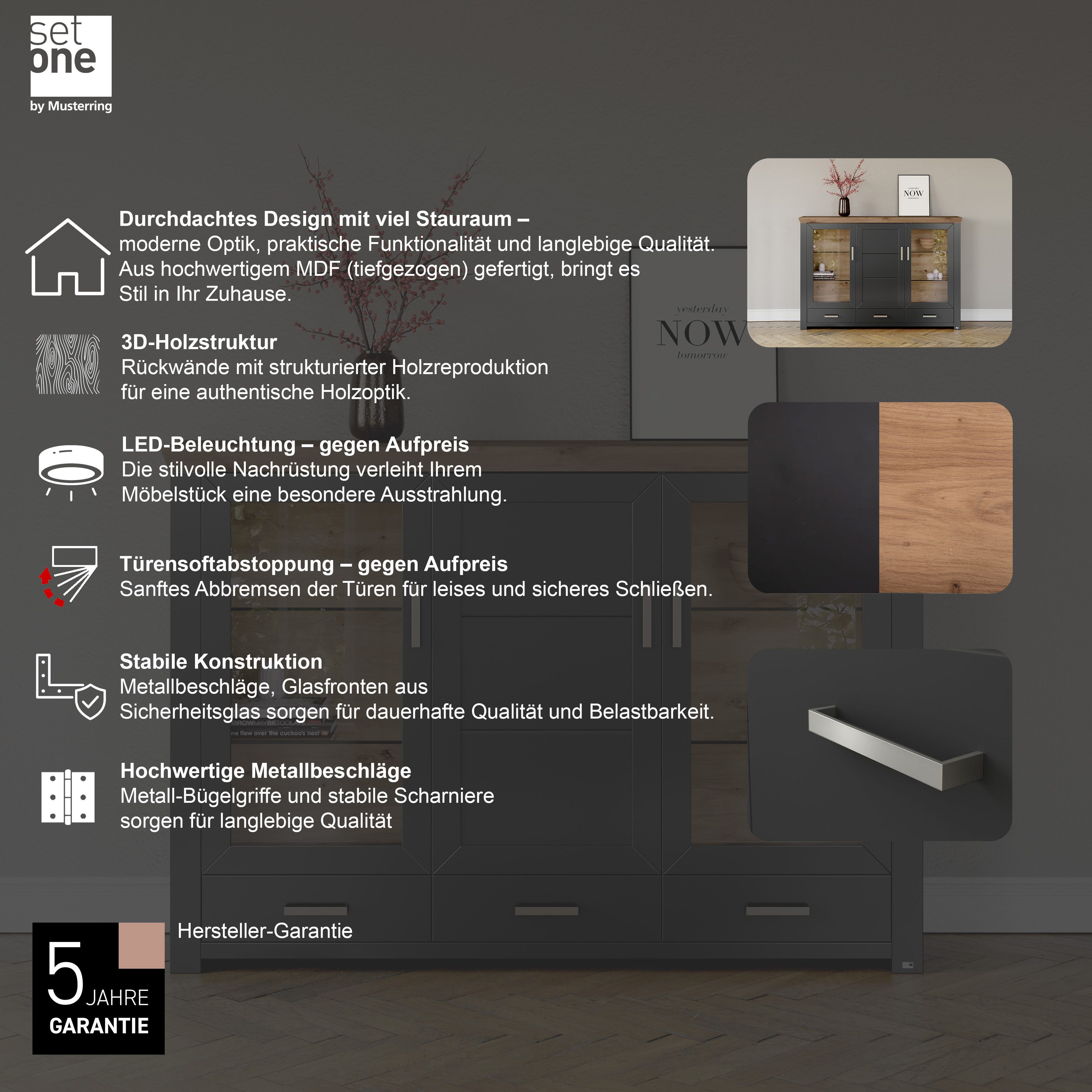 set one by Musterring Highboard York Type 57, met glazen deuren, veel opbergruimte, verlichting optioneel, B 184 cm