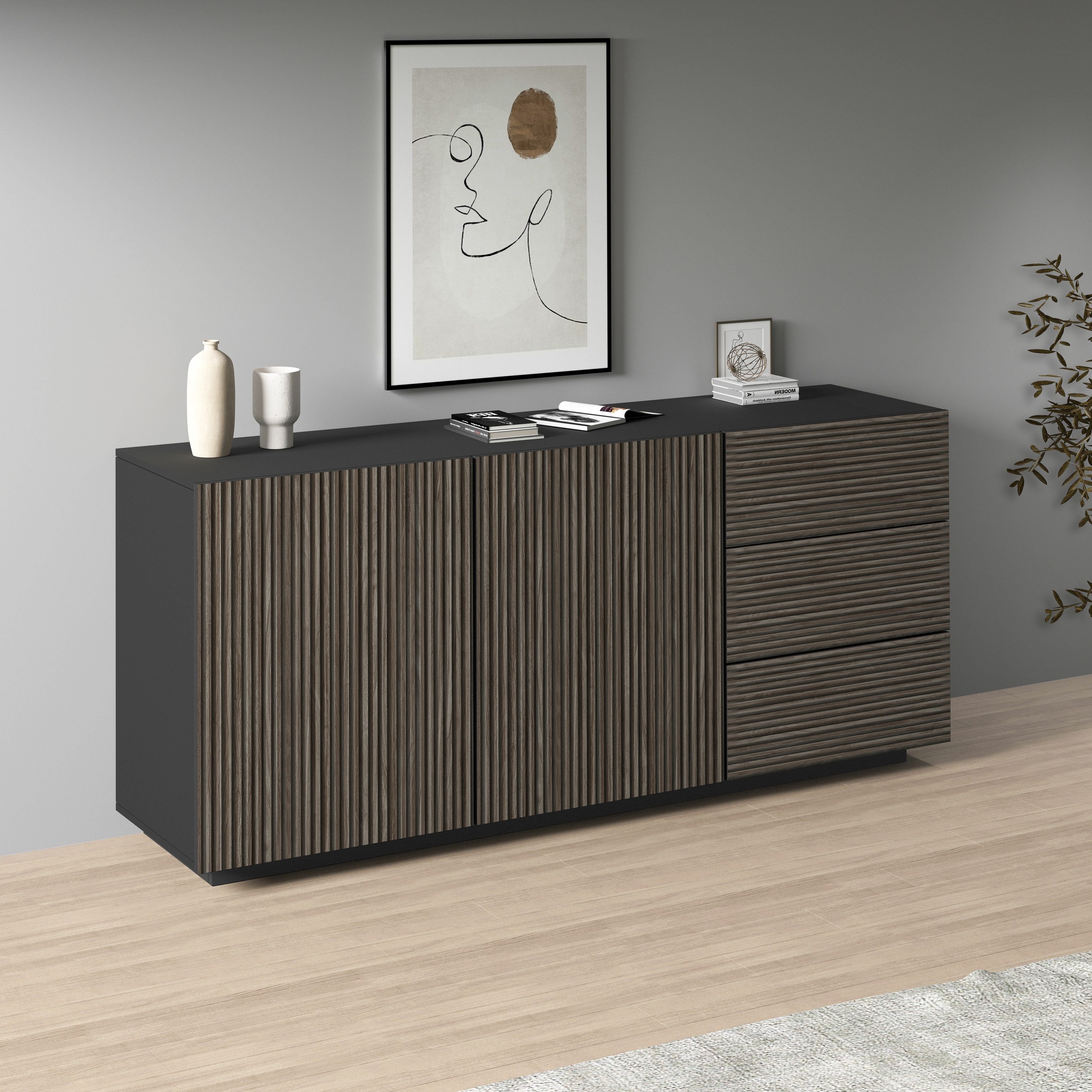 INOSIGN Dressoir Vega Sideboard, Ladekast, 180 cm met 2 deuren en 3 lades, fronten met groeflook dressoirs grijs