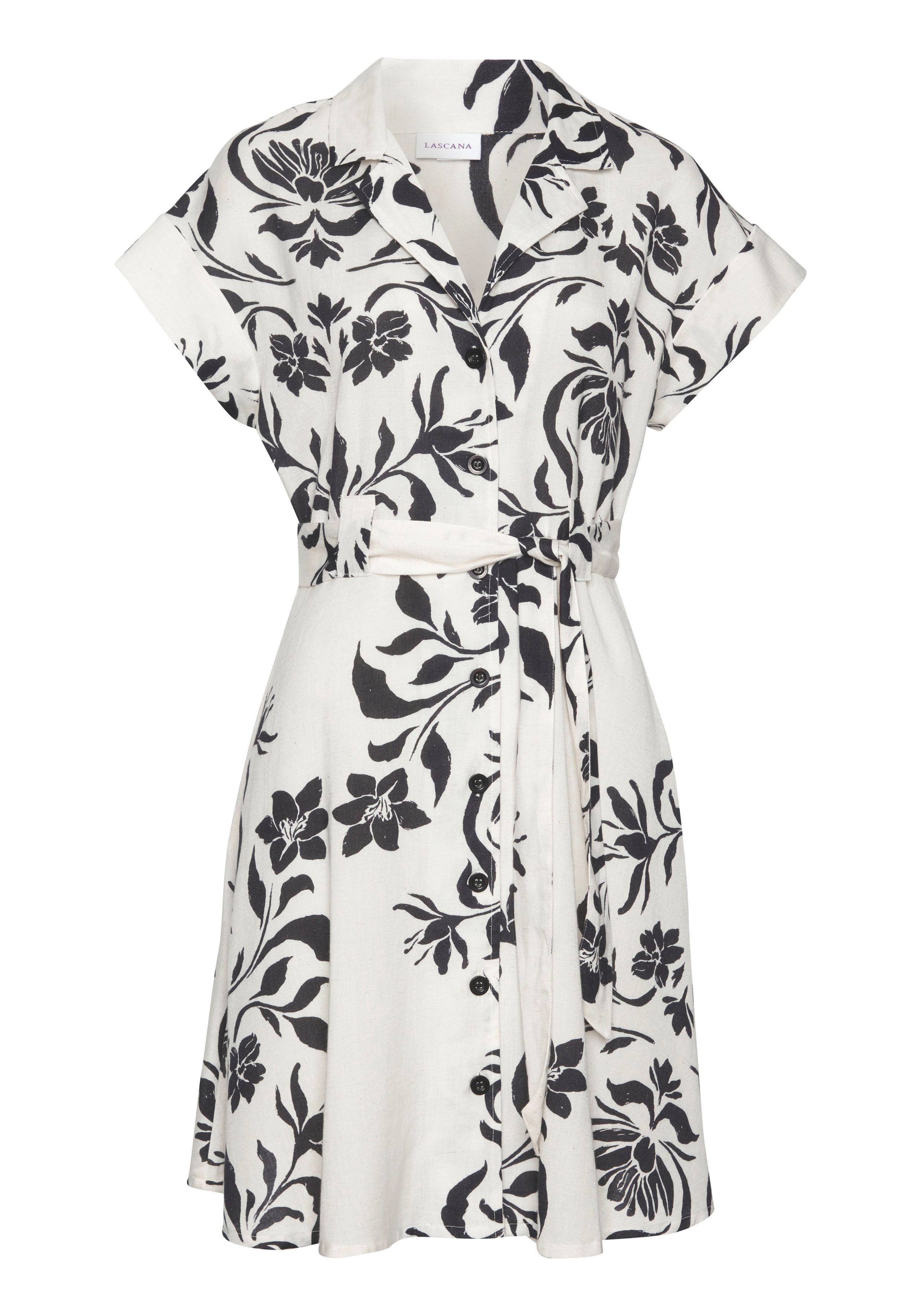 Lascana Jurk met overhemdkraag van linnenmix luchtige zomerjurk met bloemenprint strandjurk (Met een bindceintuur)