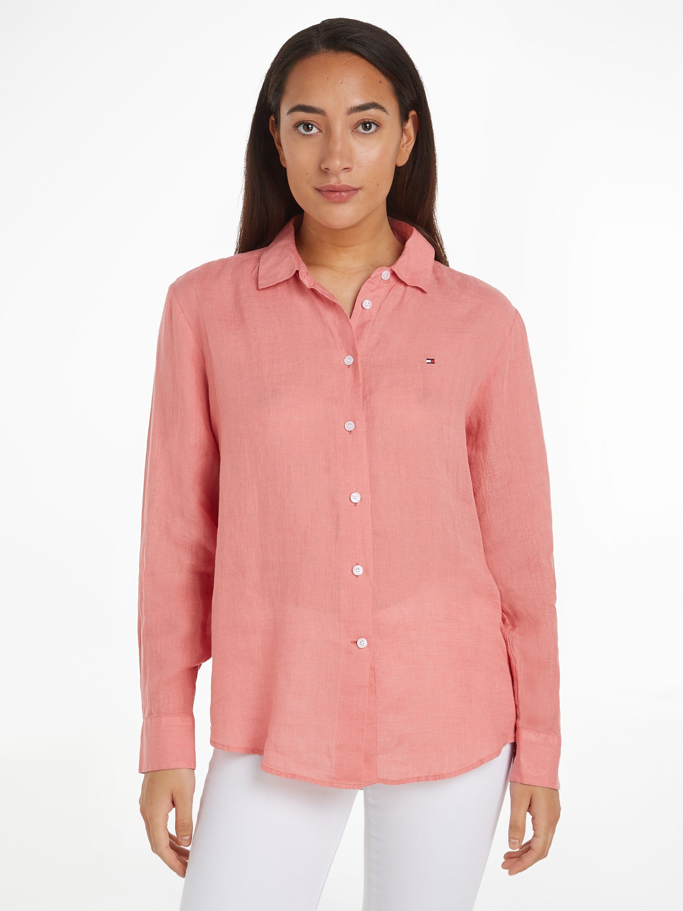 Tommy Hilfiger Overhemdblouse LINEN STP RELAXED SHIRT LS met logoborduursel op borsthoogte