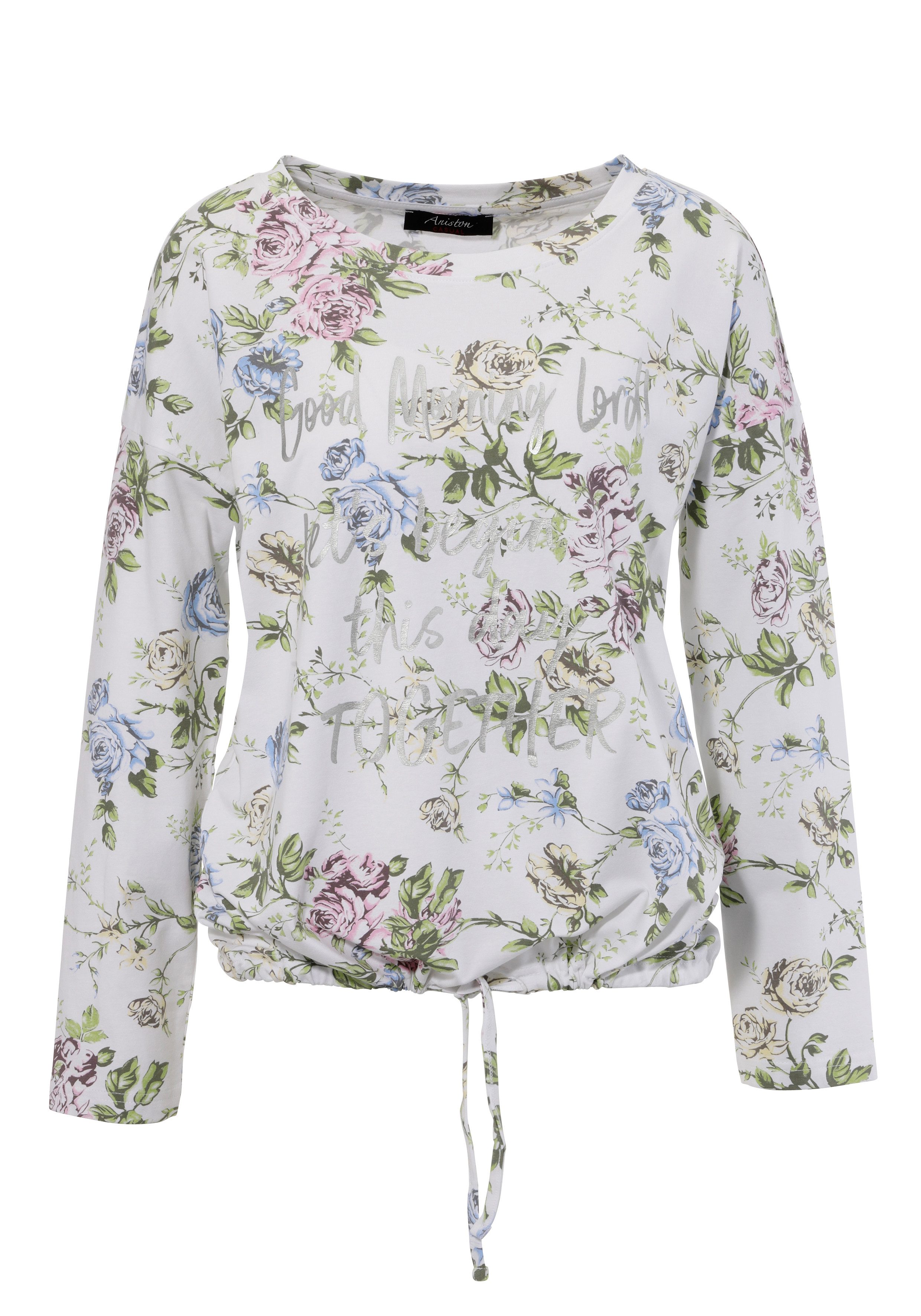 Aniston CASUAL Shirt met lange mouwen met zilverkleurige tekst versierde rozenprint - nieuwe collectie