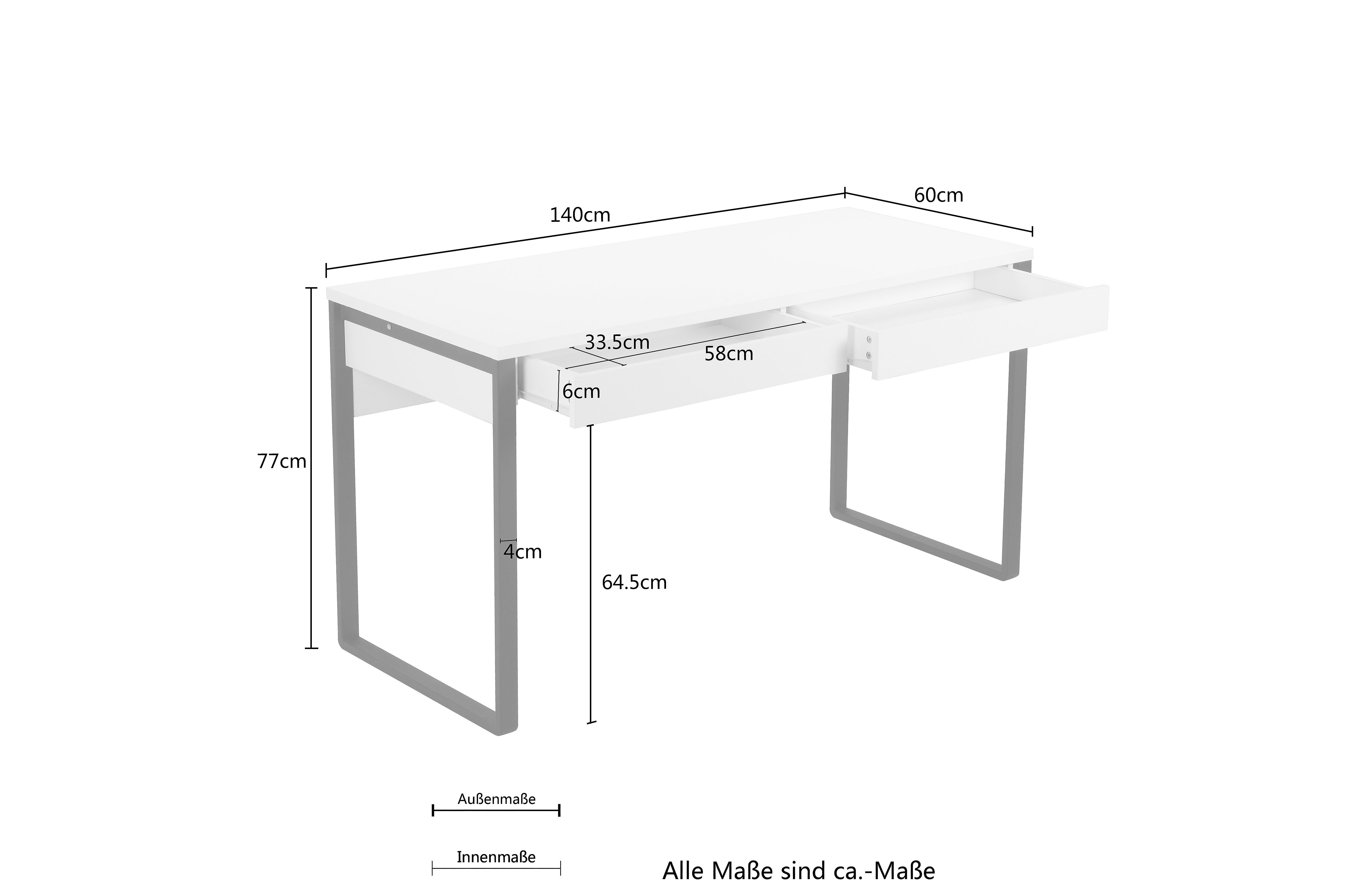 Places of Style Bureau Moid, Computertafel in modern design, Breedte 120/140/160 cm, met metalen poten & lade