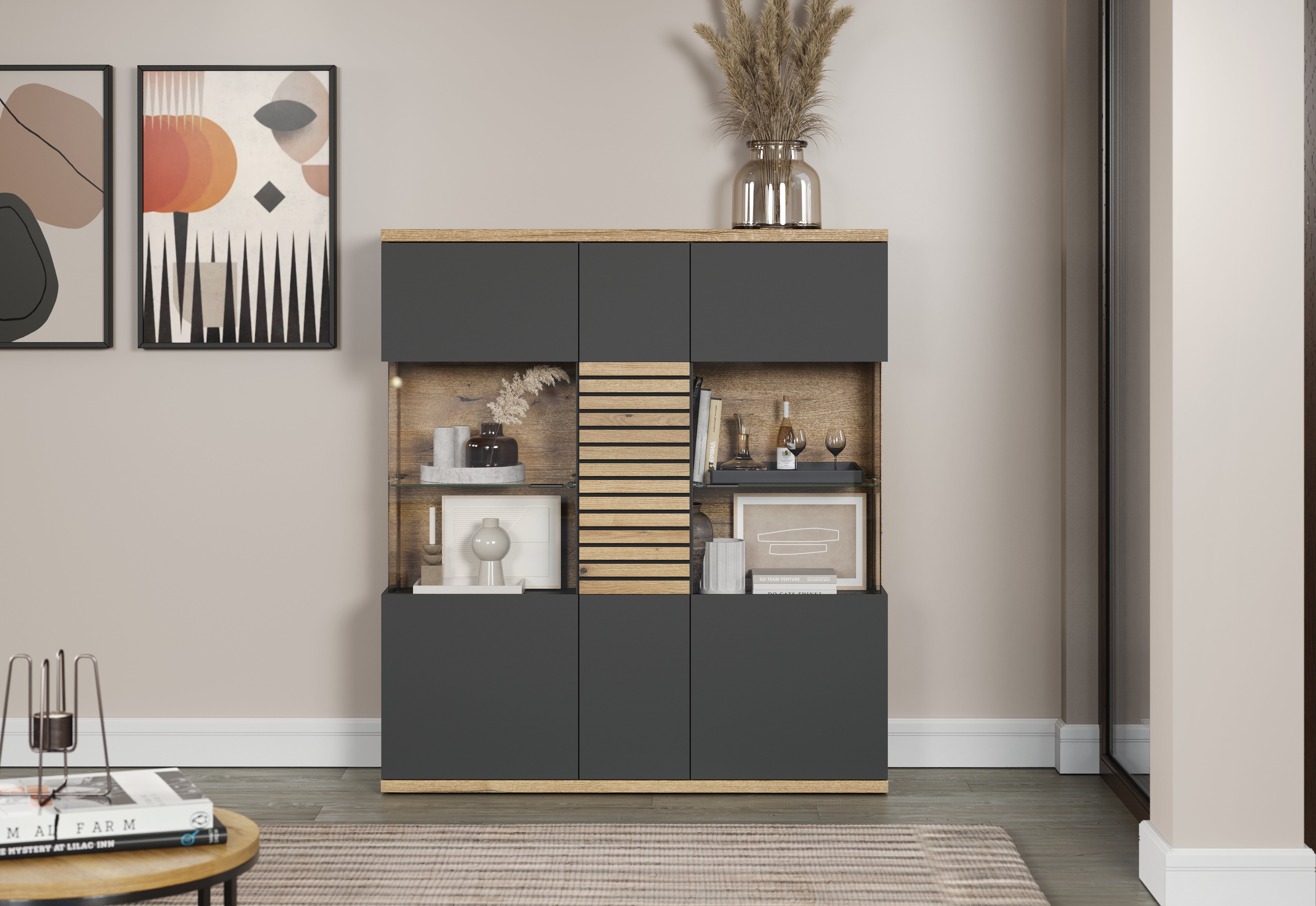 INOSIGN Highboard GALWAY Brede woonkamer vitrinekast in trendy ribbellook - Soft-Close