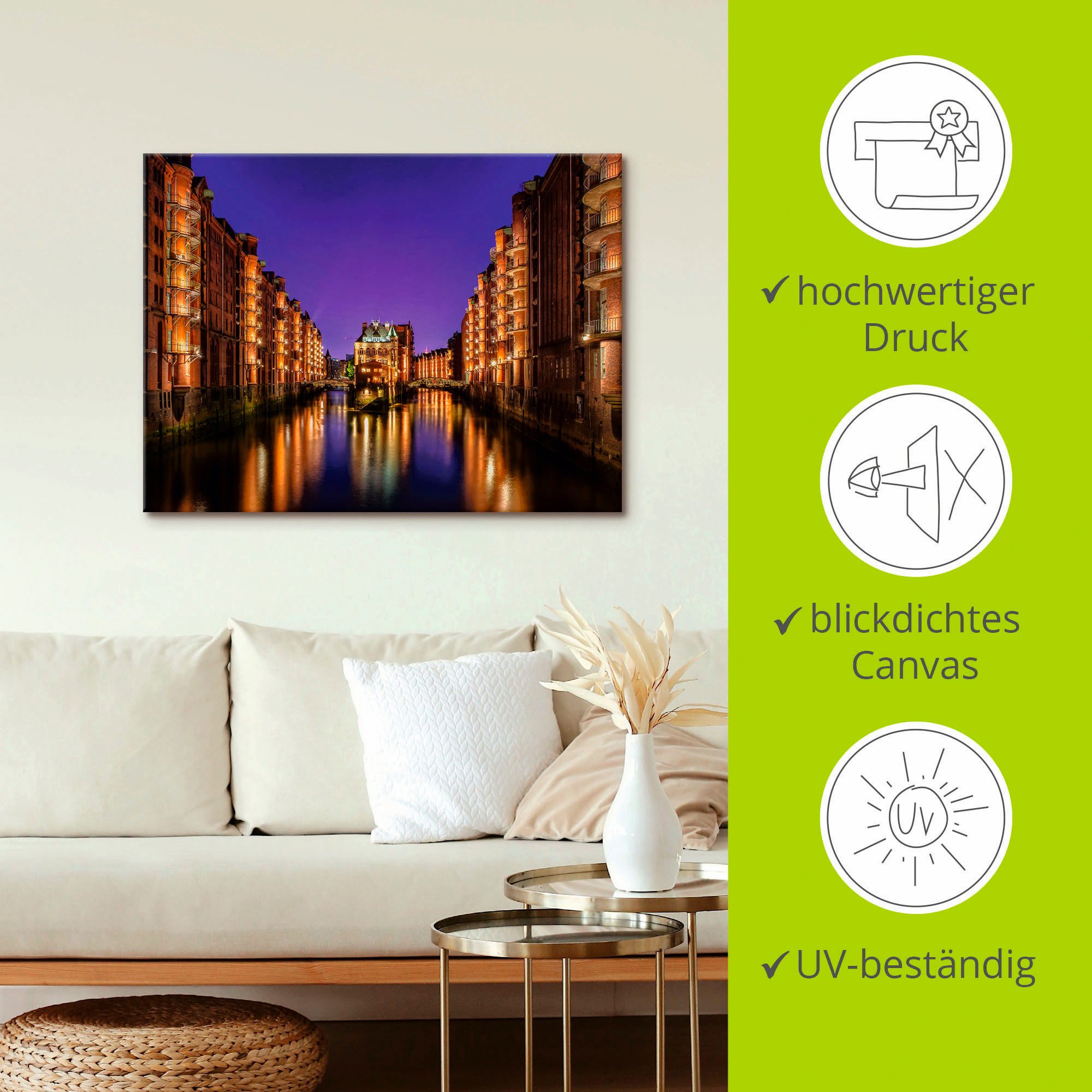 Artland Artprint op linnen Hamburg Speicherstadt 's nachts