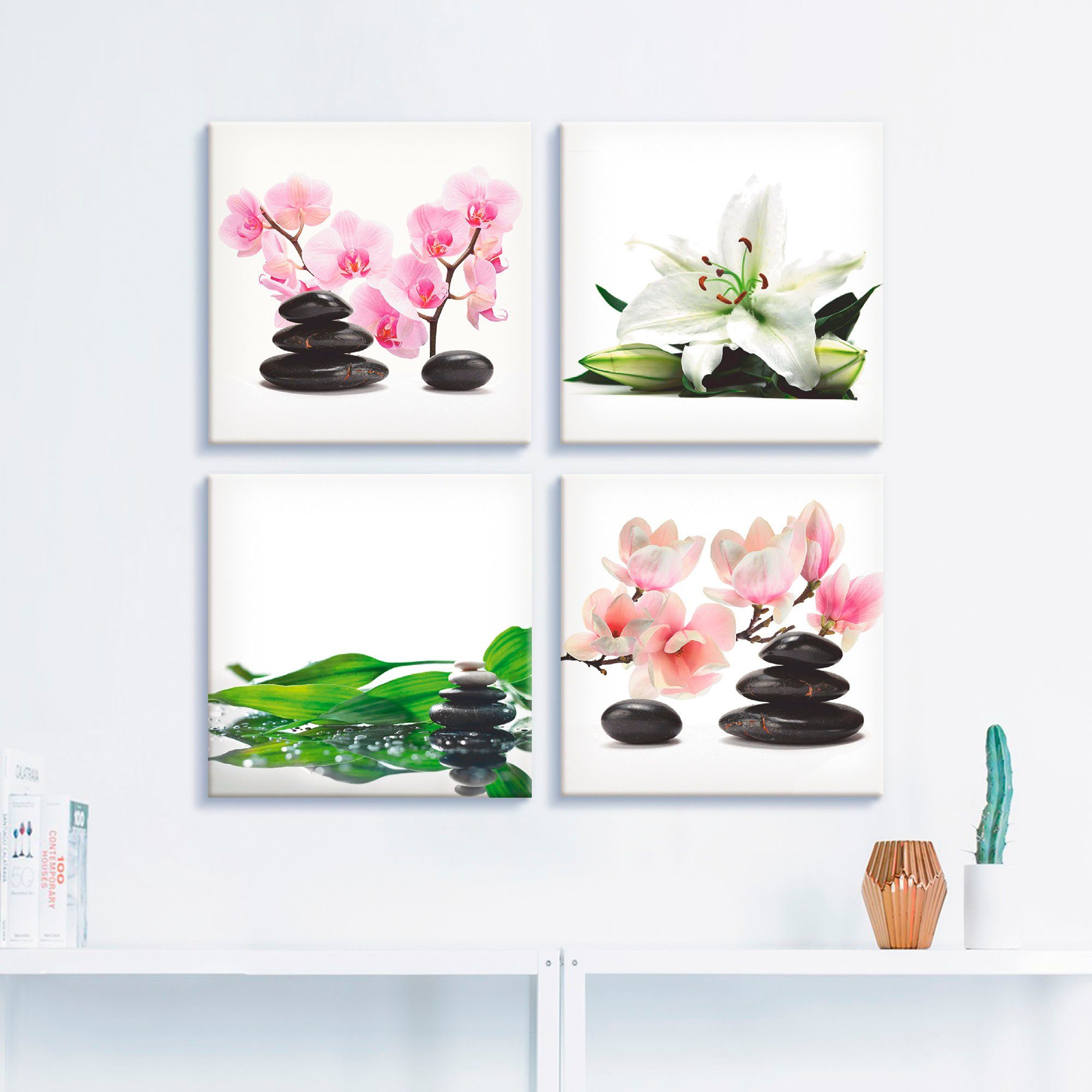 Artland Artprint op linnen Steen orchidee lelie spa bamboe magnolia (4-delig)