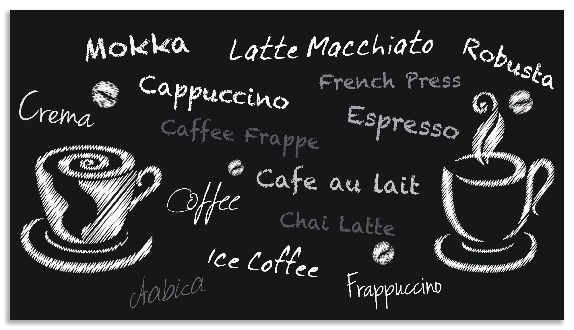 Artland Keukenwand Koffie. Designelementen op een bord Aluminium spatscherm met plakband, gemakkelijke montage keukenwanden maat 90 cm x 50 cm zwart