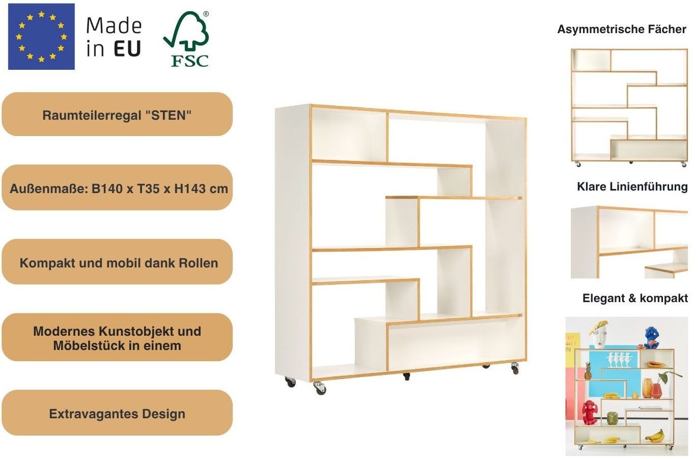 andas Room divider Sten op wieltjes, met veel bergruimte