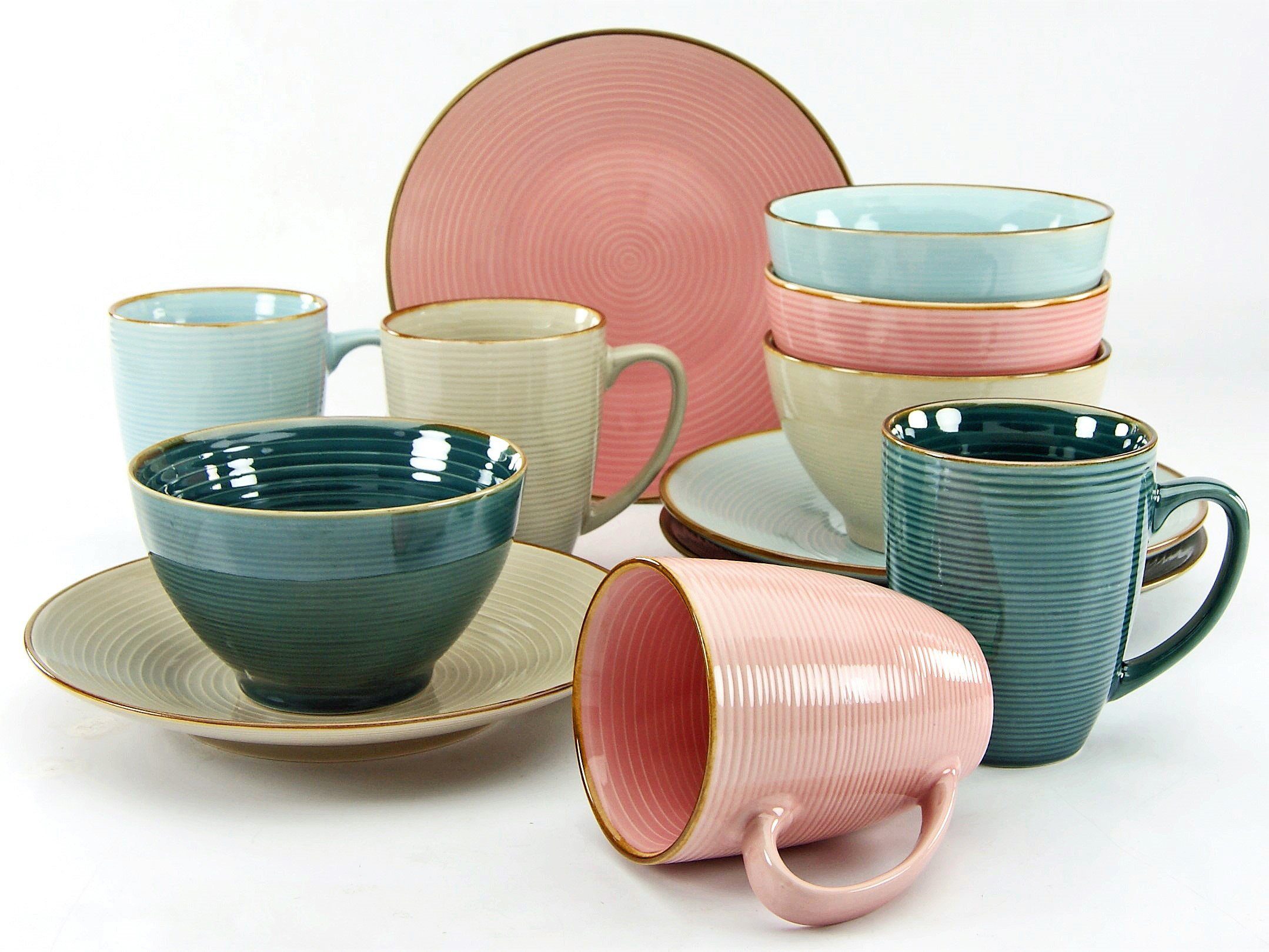 CreaTable Combi-servies Servies-set Cosy Day Servies, cirkelstructuur, in pastelkleuren, 16 delen, voor 4 personen (set, 16-delig)