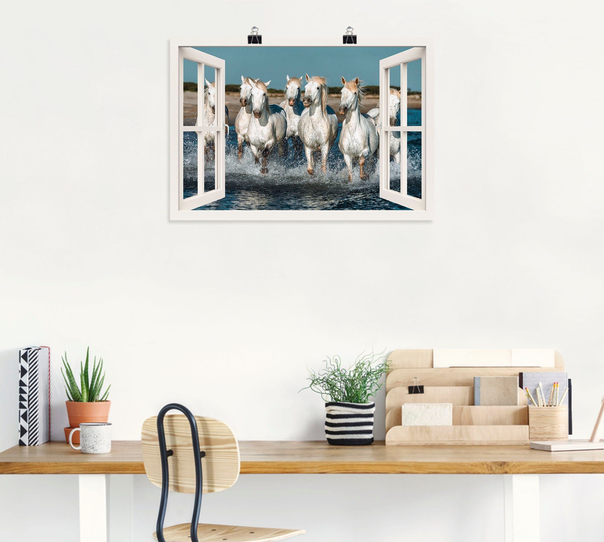 Artland Poster Blik uit het venster paarden op het strand als artprint van aluminium, artprint op linnen, muursticker of poster in verschillende maten
