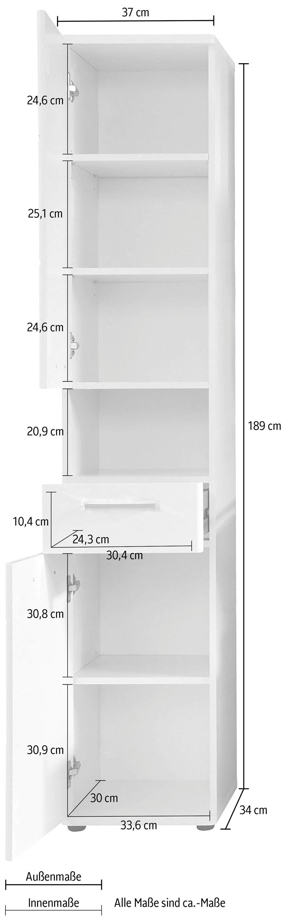 welltime Hoge kast Mora Witte badkamerkast met lade en 2 deuren - (B/D/H) 37/34/189 cm
