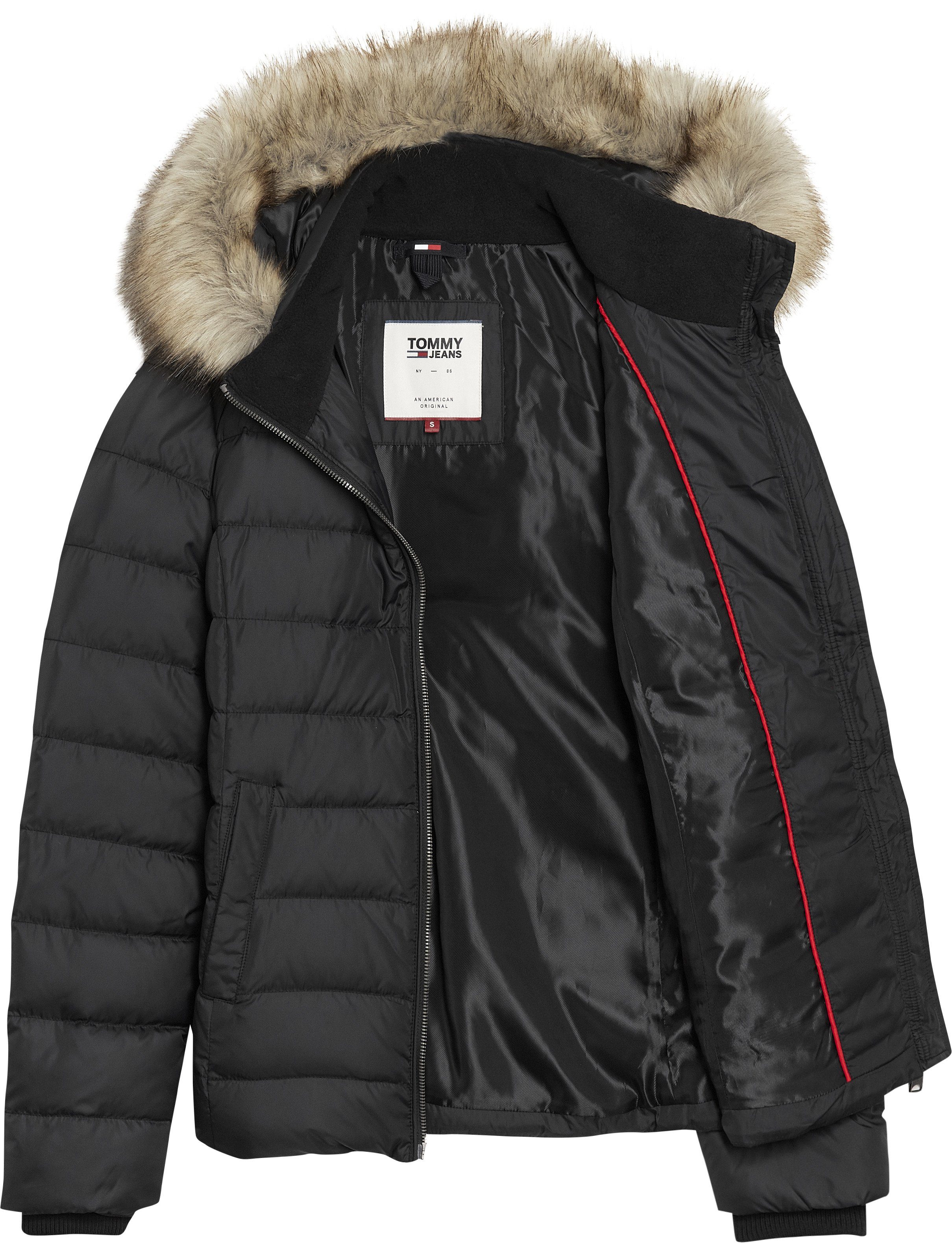 TOMMY JEANS Donsjack BASIC HOODED DOWN JACKET met imitatiebont aan de capuchon & tommy jeans-merklabel