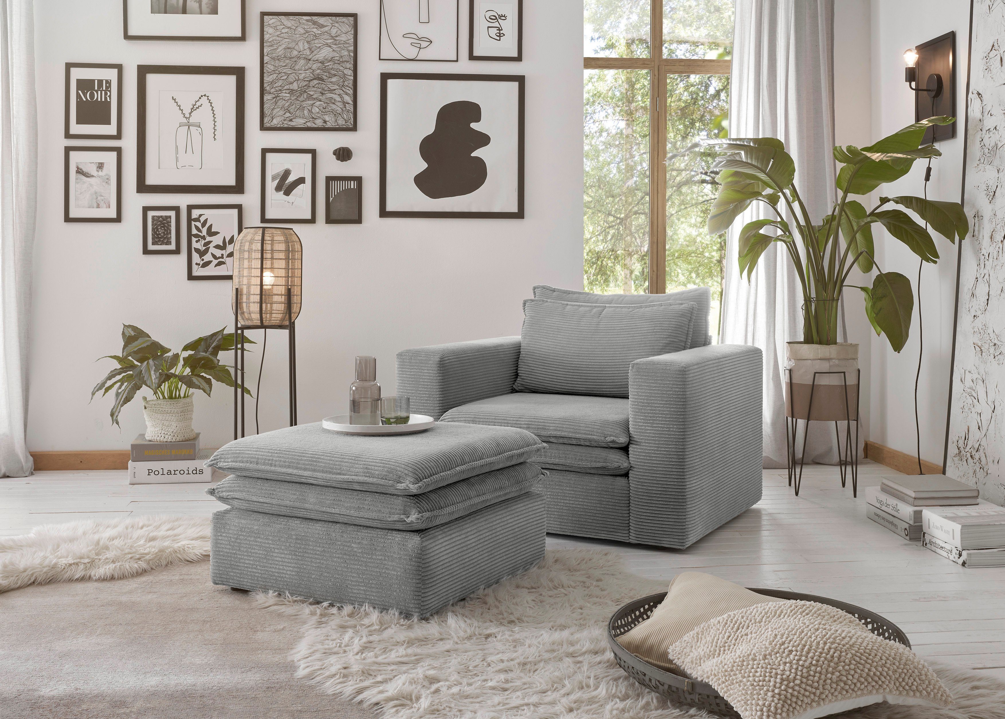 Places of Style Zithoek PIAGGE Hoogwaardige cord, fauteuil en hocker klein als set (2-delig)