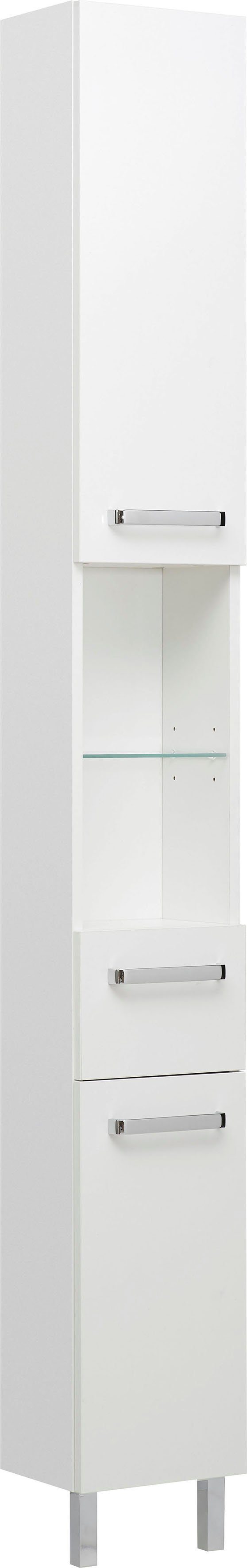 Saphir Hoge kast Quickset badkamermeubel 25 cm breed, 2 deuren, 2 nissen, 1 lade Hoge badkamerkast inclusief deurdemper, grepen in glanzend chroom