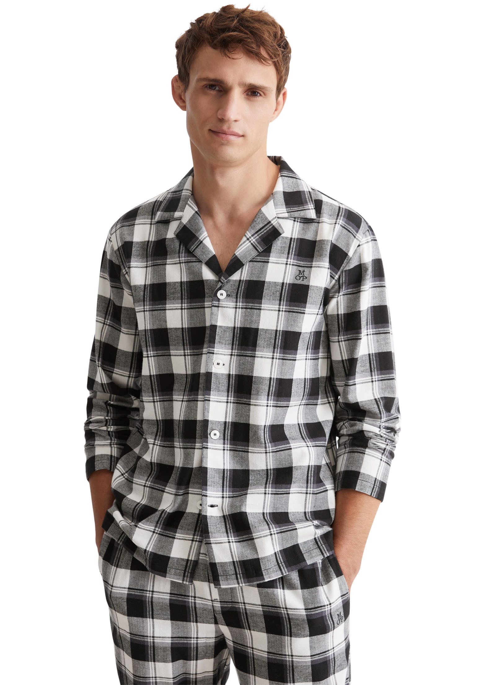 Marc O'Polo Pyjama top Homey flanel met doorknoopsluiting heren loungewear maat XL zwart
