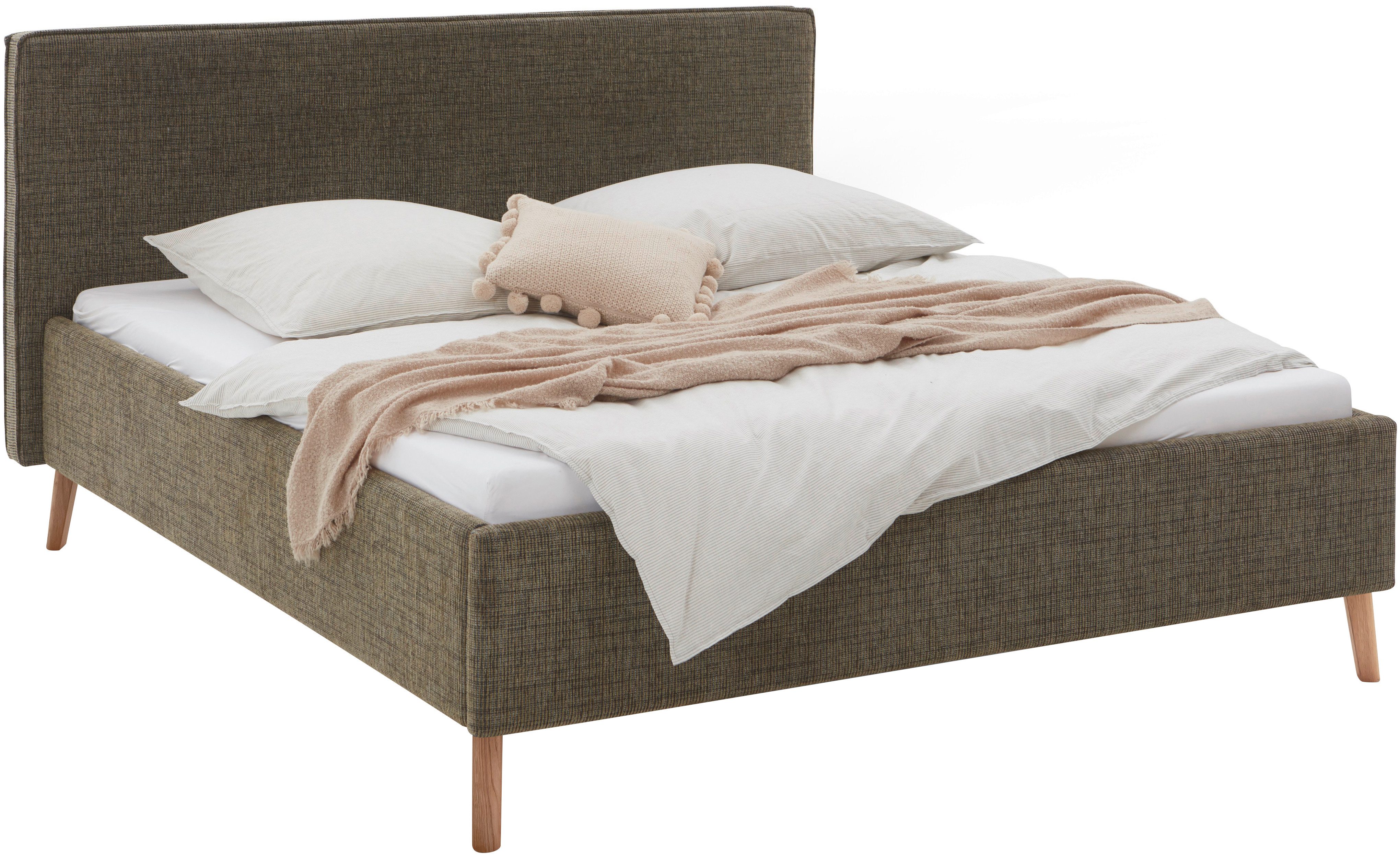 meise.möbel Gestoffeerd bed Riva met eikenkleurige houten poten, naar keuze met bedkist en lattenbodem