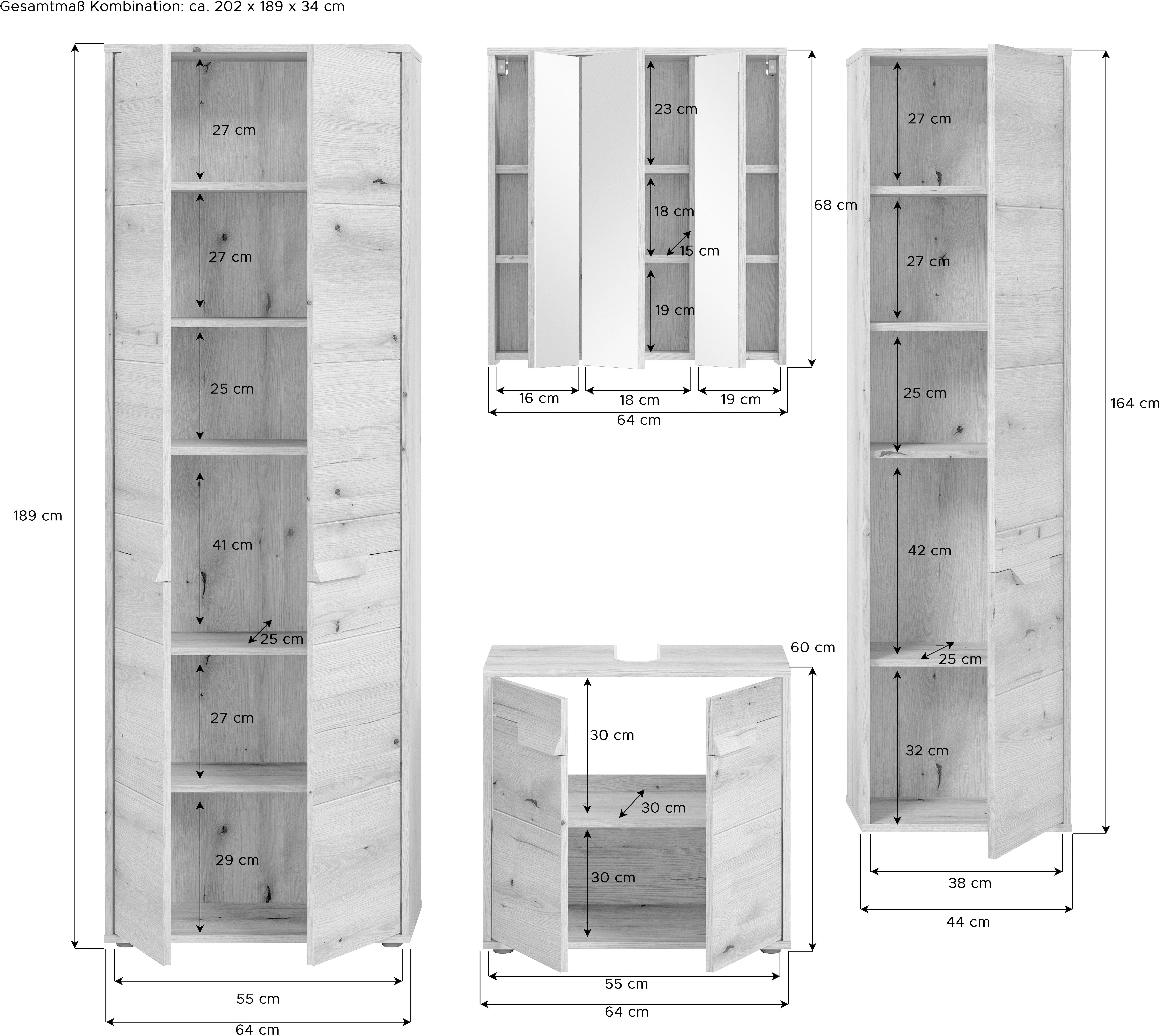 welltime Badmeubelset Kayu, bestaande uit: 2 hoge kasten, wastafelonderkast Spiegelschrank, hoogwaardige MDF front met groeffrasing, badkamer, badkamer set