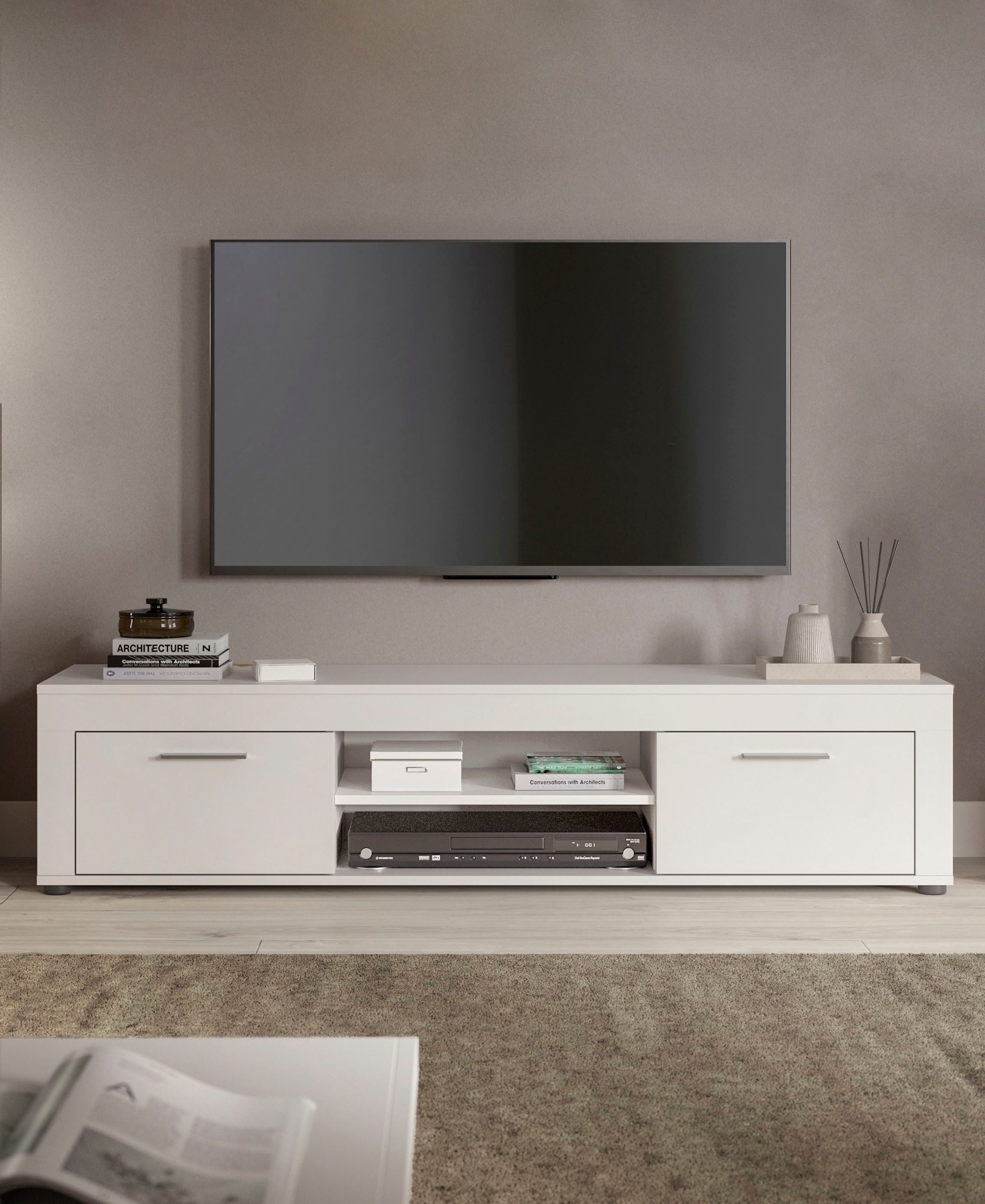 INOSIGN Tv-meubel Aosta, breedte 160 cm, in verschillende kleuruitvoeringen met 2 kleppen en 2 open vakken, tv-bord, mediabord, tv-meubel