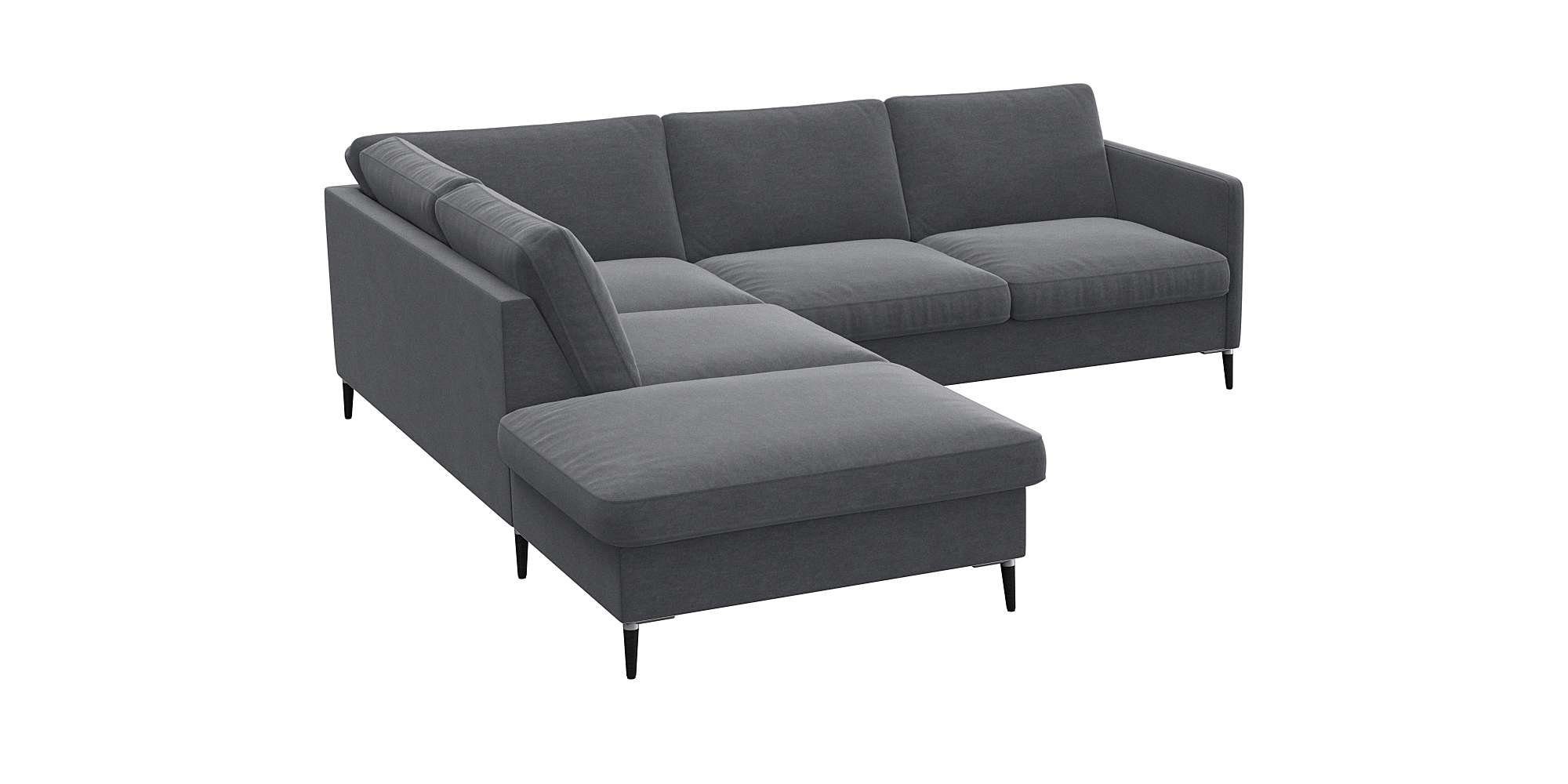FLEXLUX Hoekbank Fiore, L-vorm smalle armleuningen, aluminium/zwarte poten, bxd 234x225 cm, koudschuim in de zitting