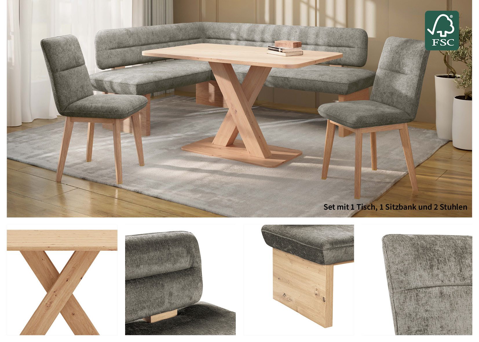 Home affaire Eethoek Louise + Miles eetkamerset, zitgroep, hoekbank, keukenbank Eetkamer zitgroep stoelen tafel en bank comfortabel gepolsterd (4-delig)