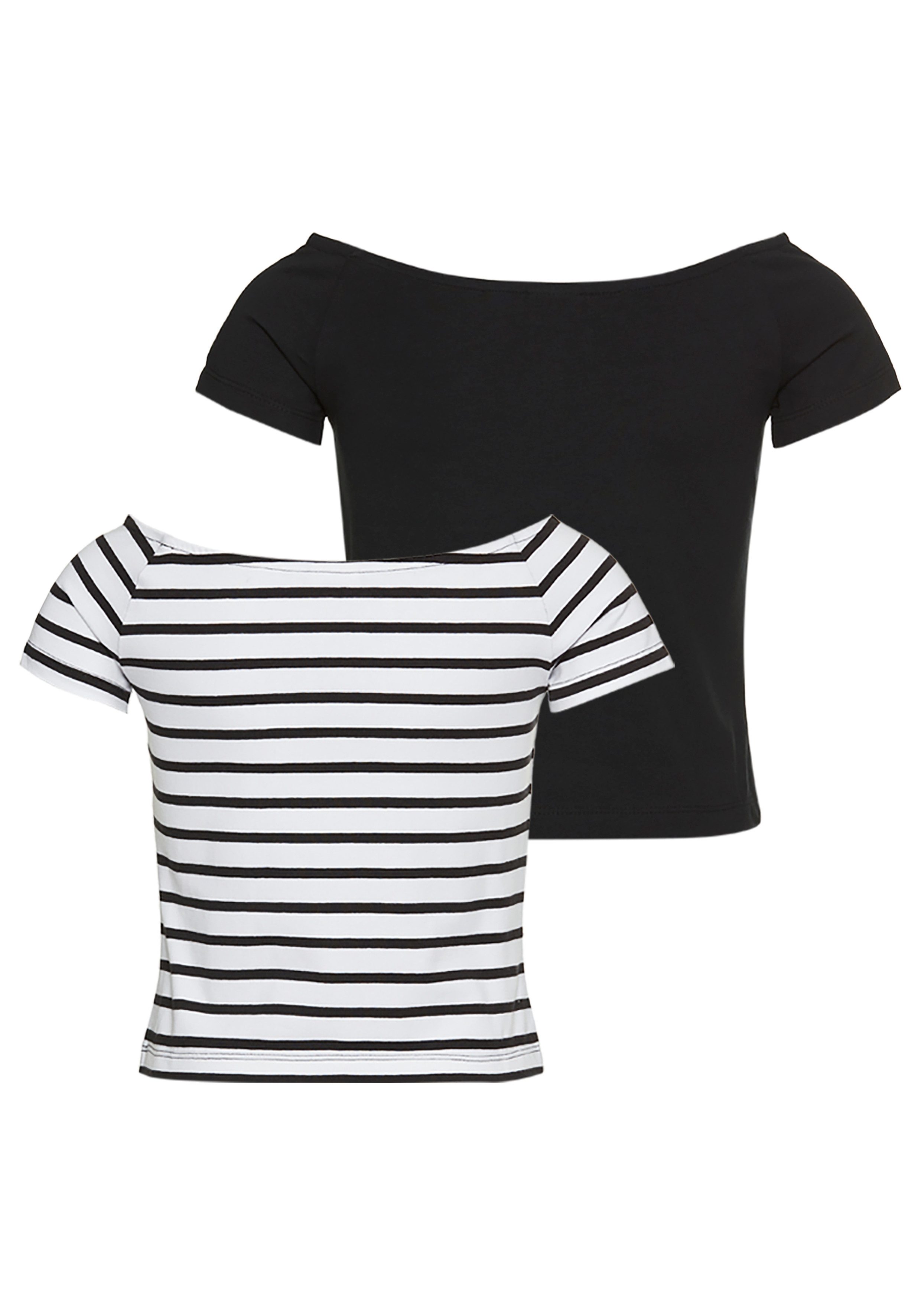 KangaROOS Shirt met carmenhals 2-pack T-shirts 1x uni + 1x gestreept (set, 2-delig)