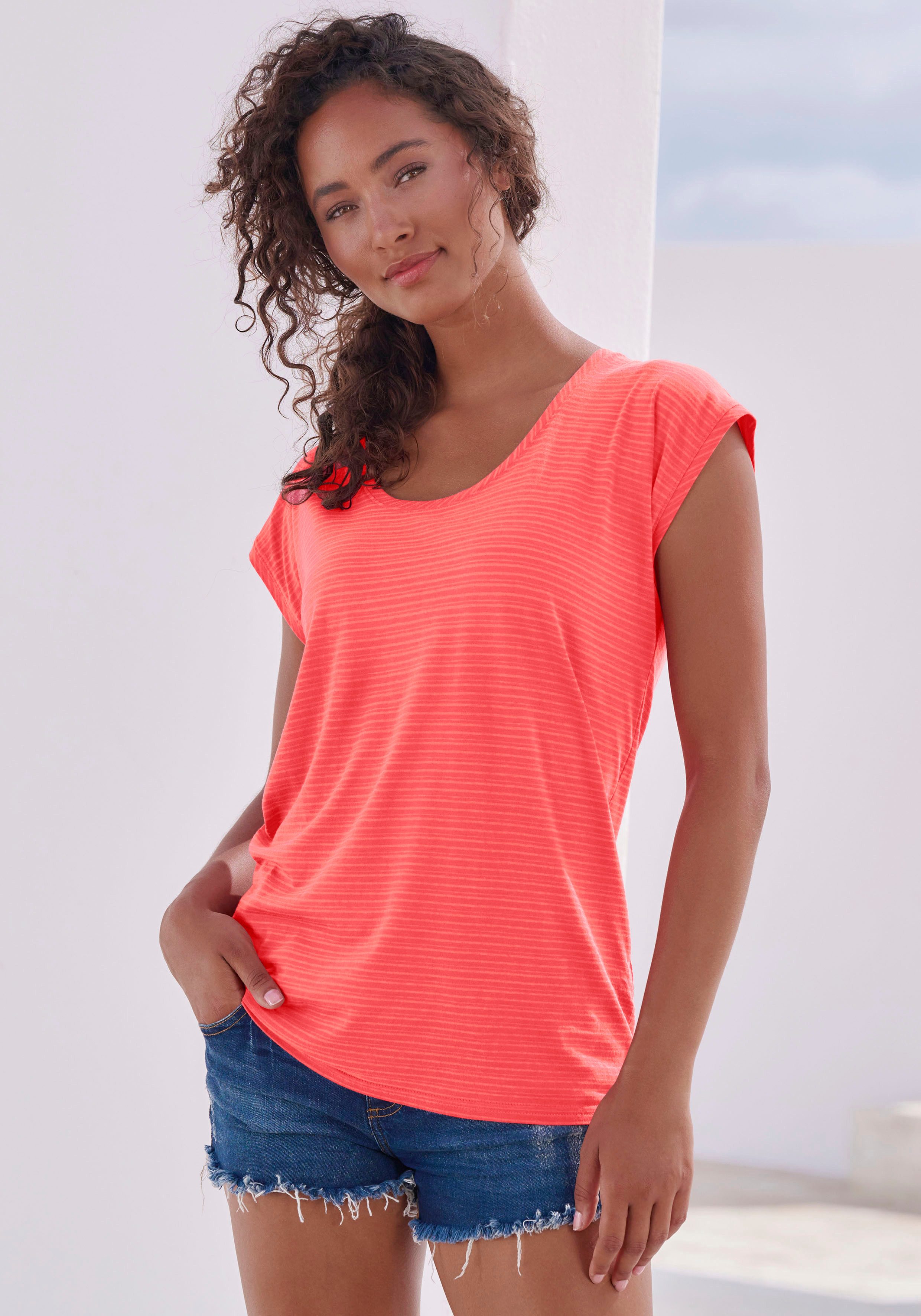 Beachtime Shirt met korte mouwen Met lichtdoorlatende strepen in zachte katoen-viscosekwaliteit (Set van 2)