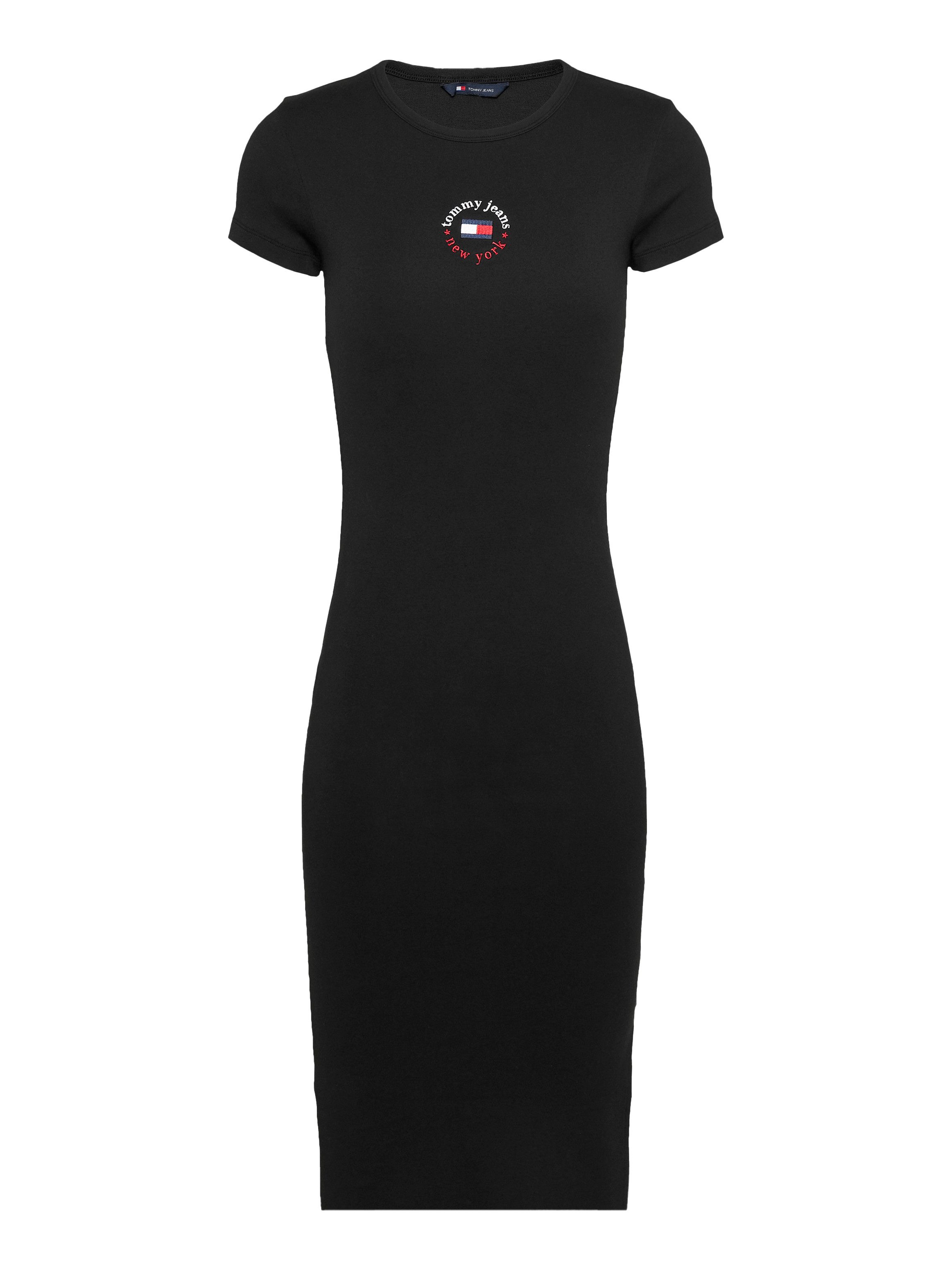 TOMMY JEANS Jerseyjurk TJW BODYCON LOGO 2 DRESS met logo-borduursel, met korte mouwen, in midi-lengte