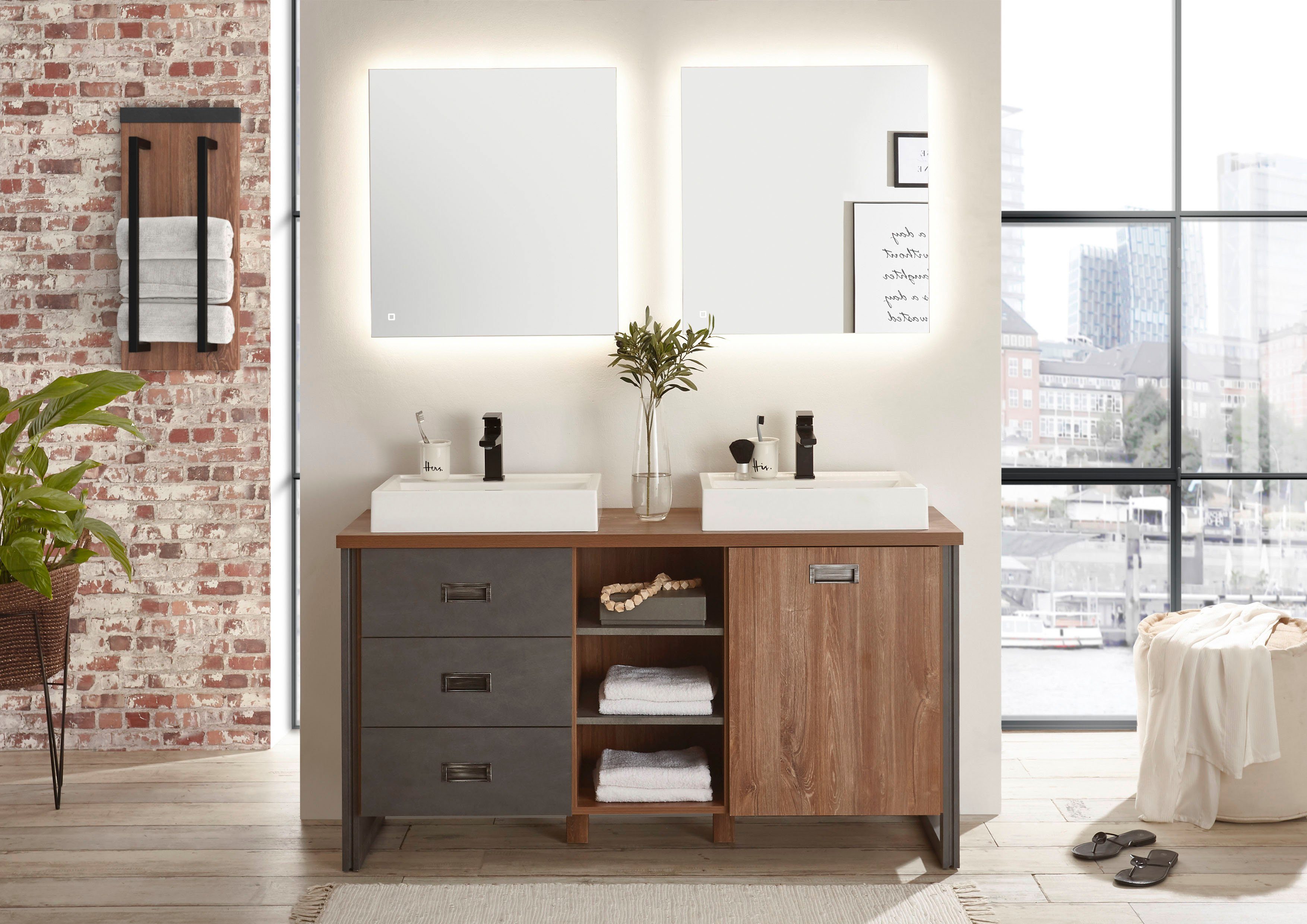 Home affaire Badkamerserie Detroit, Bad im Industrialdesign, inkl. LED, 2-teiliges Badezimmer (3-delig)