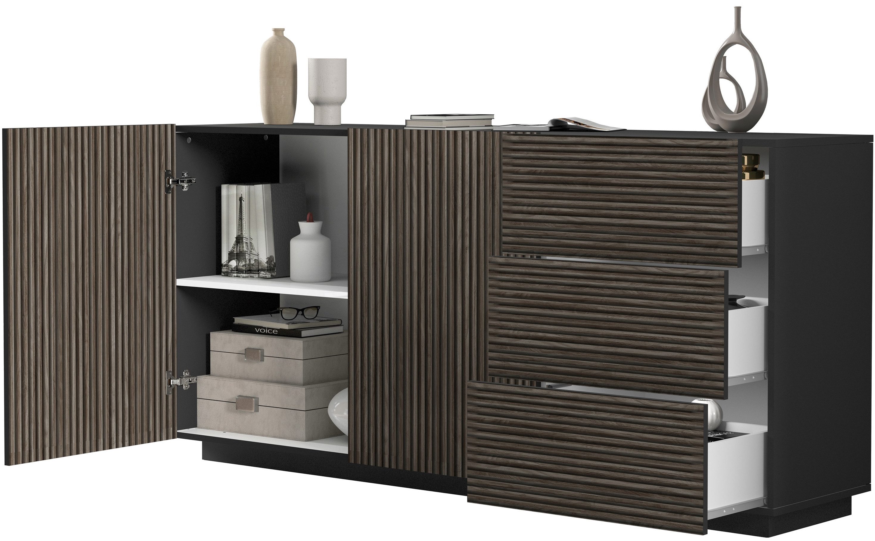INOSIGN Dressoir Vega Sideboard, Ladekast, 180 cm met 2 deuren en 3 lades, fronten met groeflook