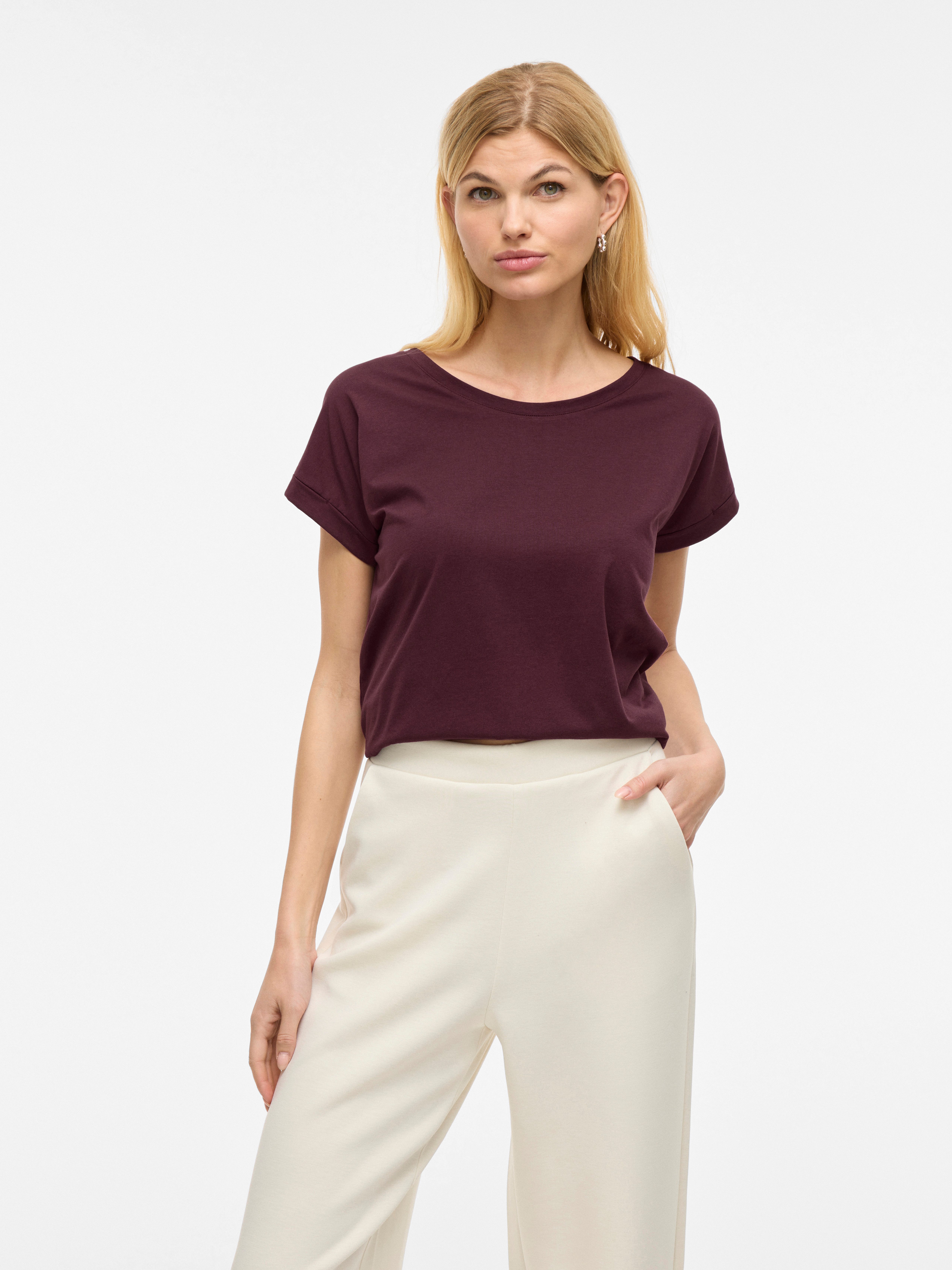 Vila Shirt met ronde hals VIDREAMERS NEW PURE T-SHIRT/SU-NOOS Basic dames T-shirt met ronde hals en omgeslagen mouwen