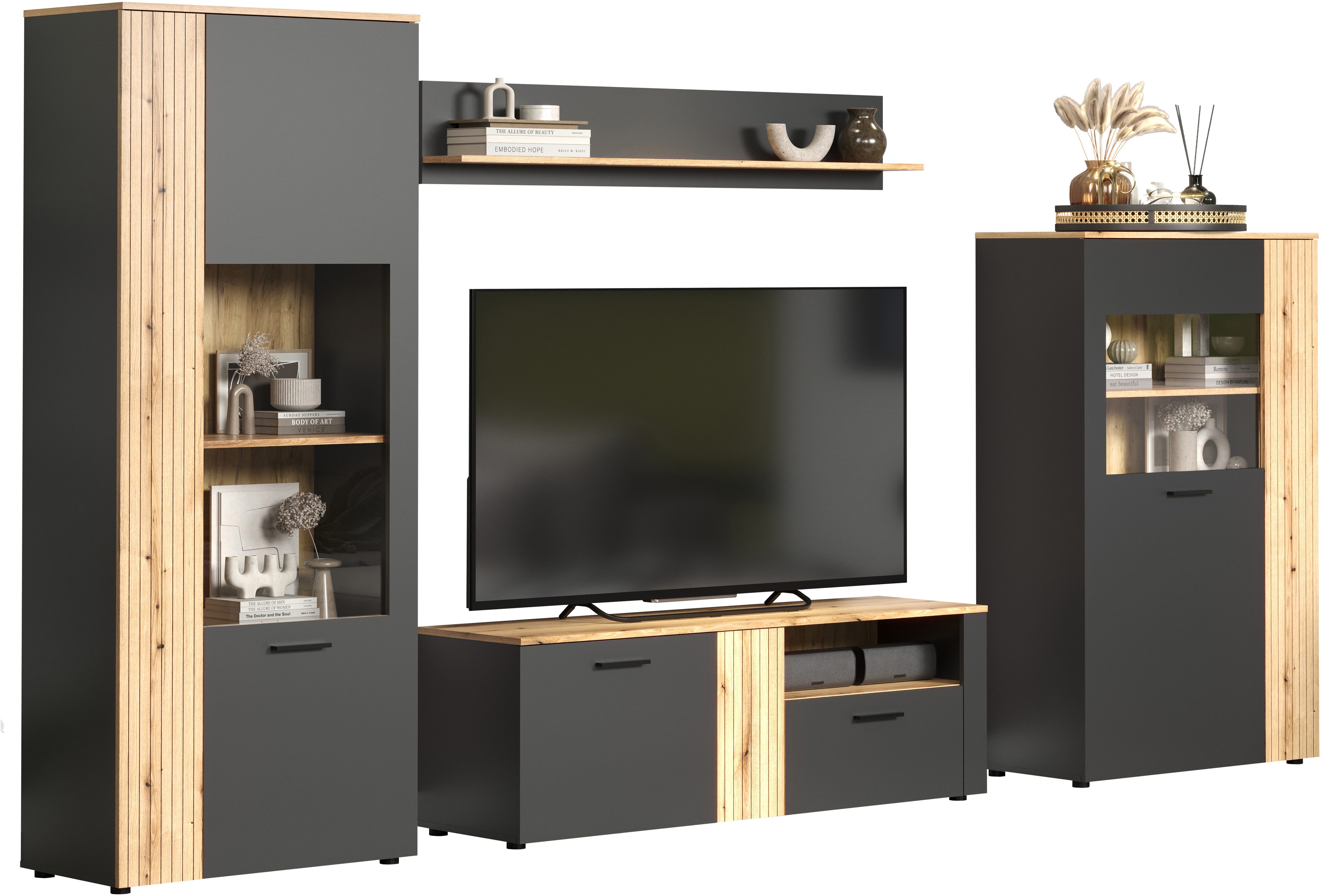INOSIGN Wandmeubel Estepona Woonkamermeubilair met groevenlook - (B/D/H): 340/42/195 cm (complete set, 4-delig)