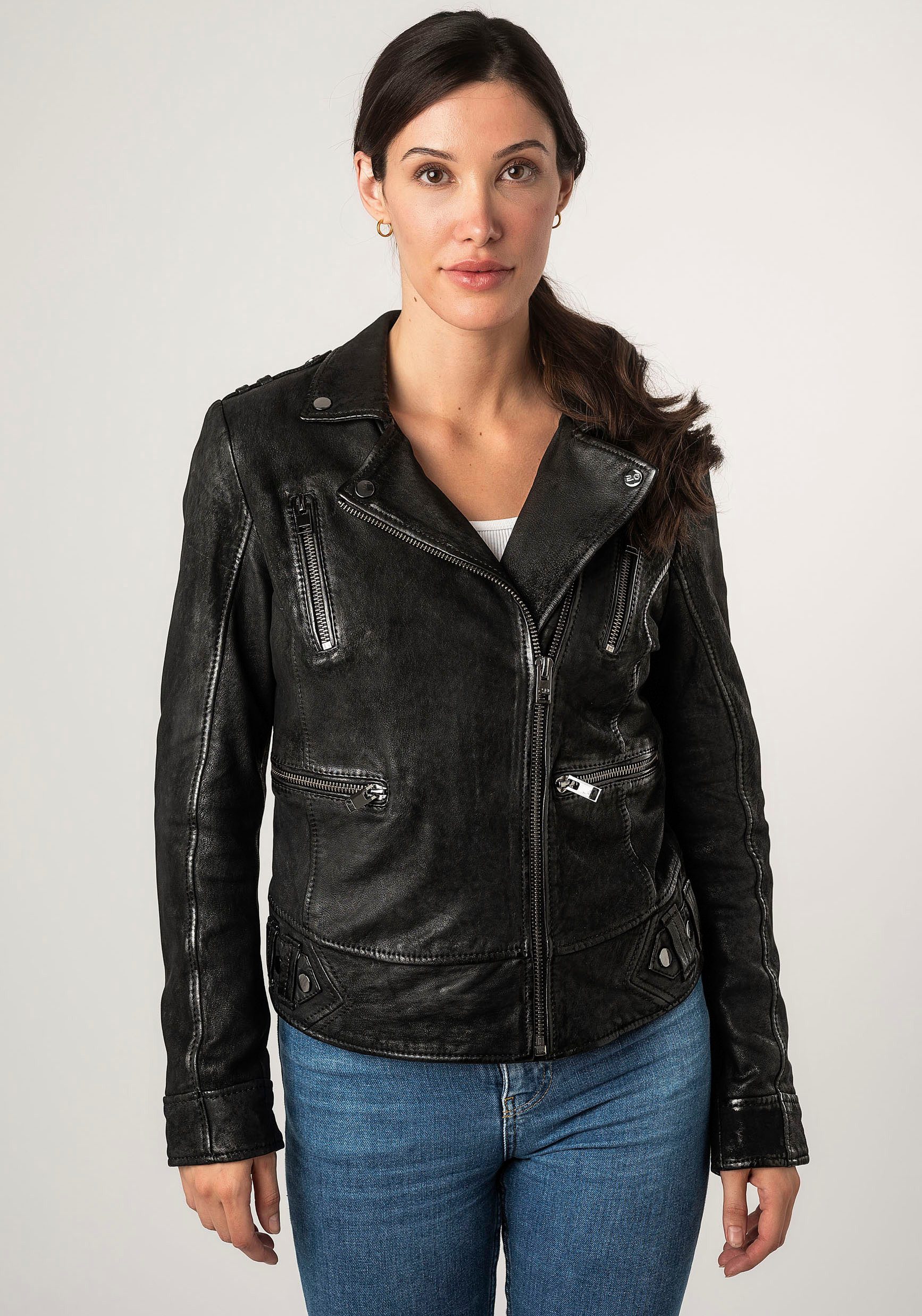 Mauritius Leren jack 2Wtashi met schouderflappen, met studs, met ritszakken