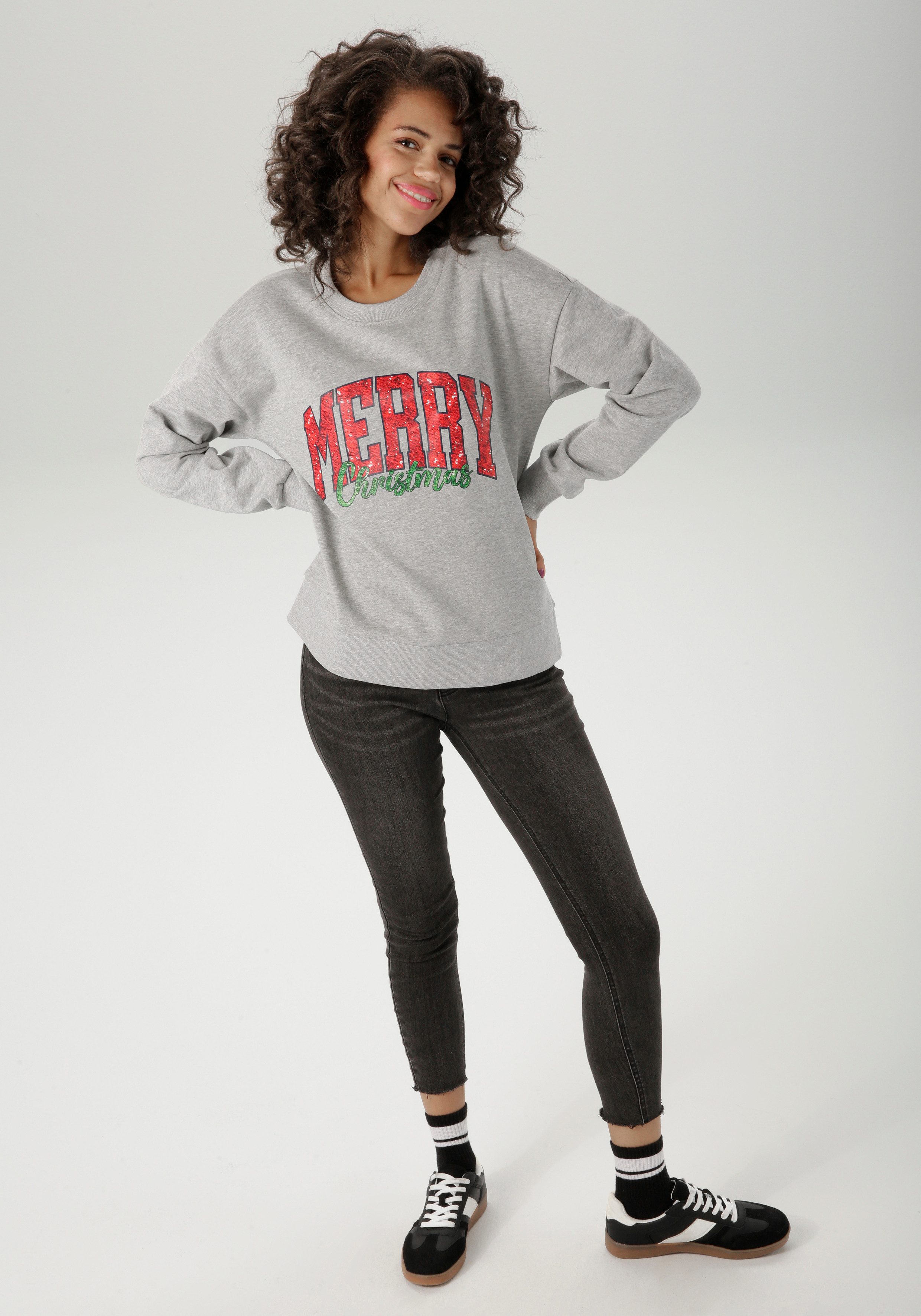 Aniston CASUAL Kerst-sweatshirt met "merry christmas"-opschrift in pailletten-look - nieuwe collectie
