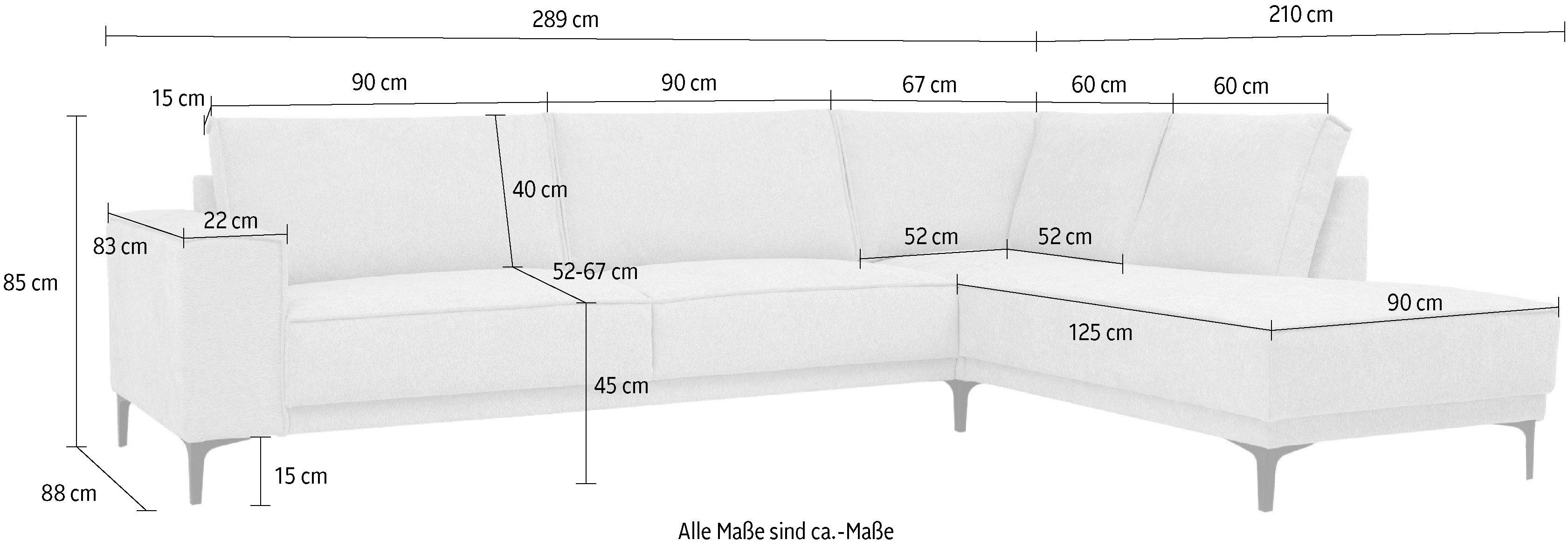 Places of Style Hoekbank Oland, structuur, platweefsel, luxe microvezel, bouclé L-vorm, 289 cm, golfondersteuning, Scandinavisch ontwerp, metalen poten