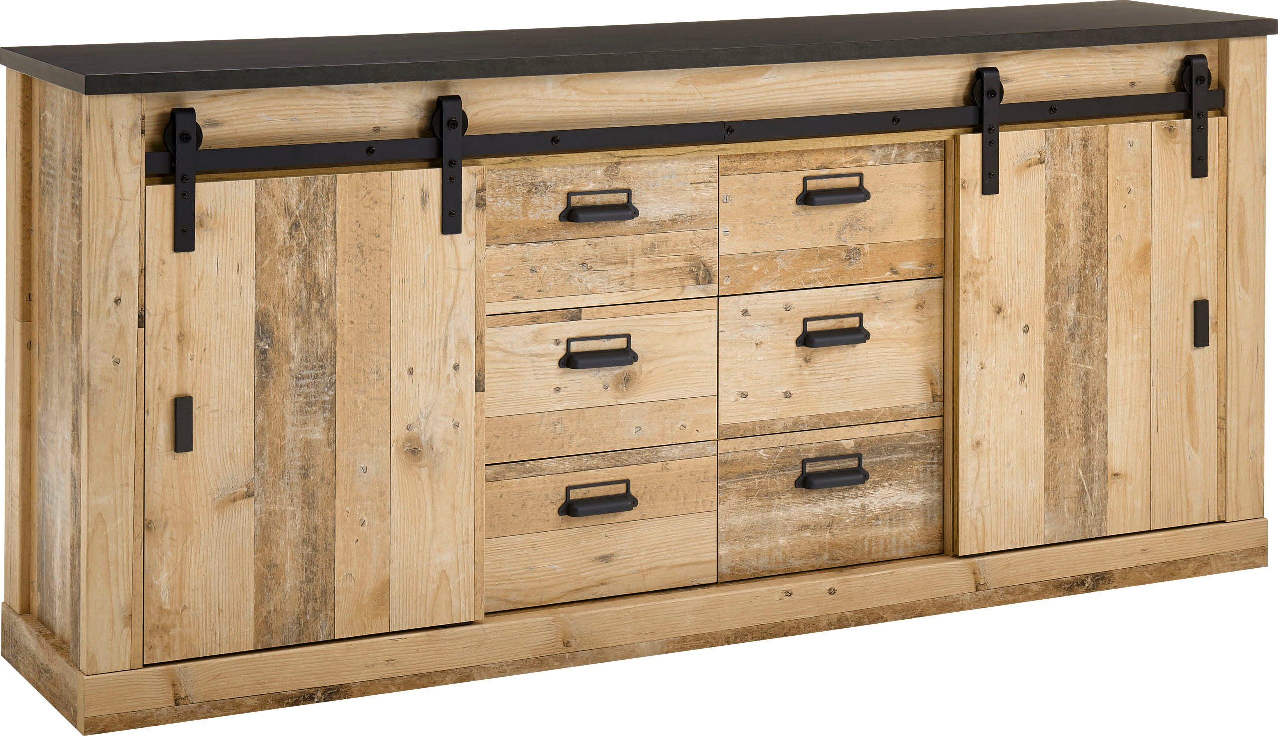Home affaire Dressoir Sherwood modern houtdecor, met schuurdeurbeslag van metaal, breedte 201 cm